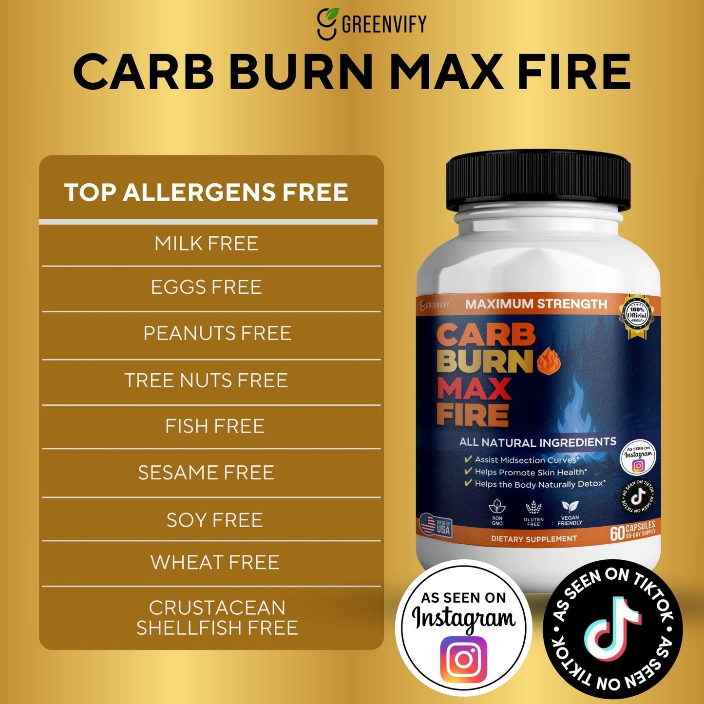 GREENVIFY Carb Burn Max Fire Maximum Strength Natural Supplement 60 Capsules