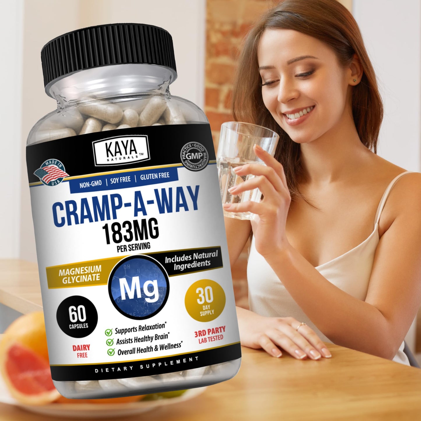Kaya Naturals Cramp-A-Way Magnesium Glycinate 183mg Capsule, 60 Count