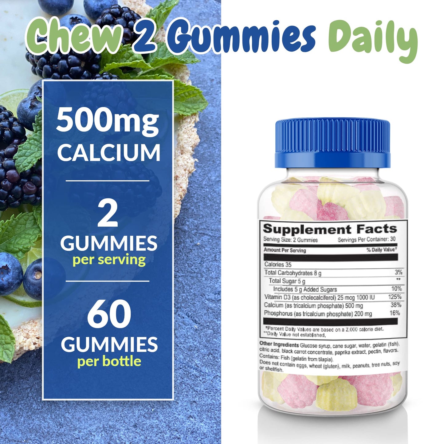 Health Supplied Calcium 500mg with Vitamin D3 1000 IU Gummies, 120 Count
