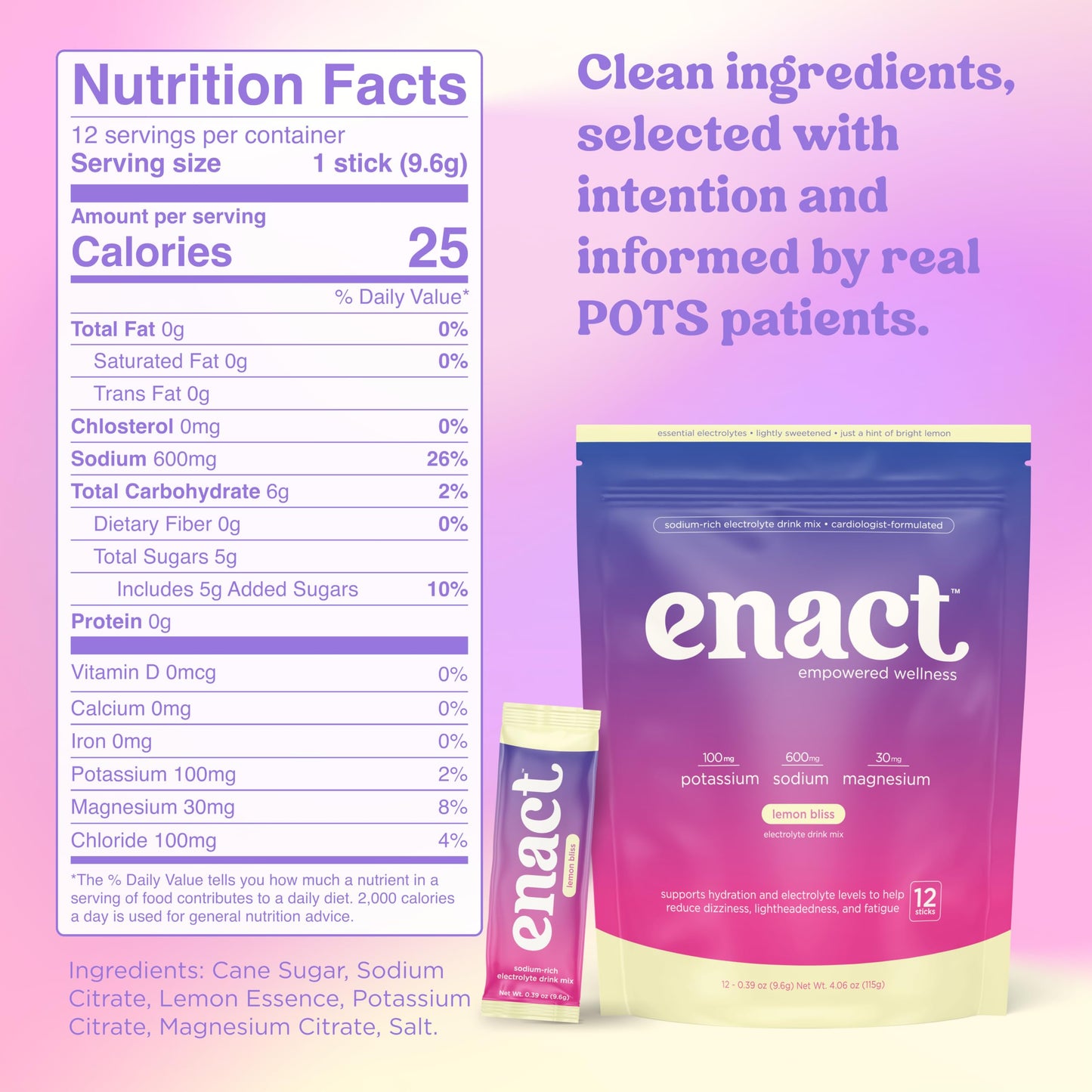 Enact Hydration Electrolyte Powder for POTS, High Sodium, Lemon Bliss, 4 Count