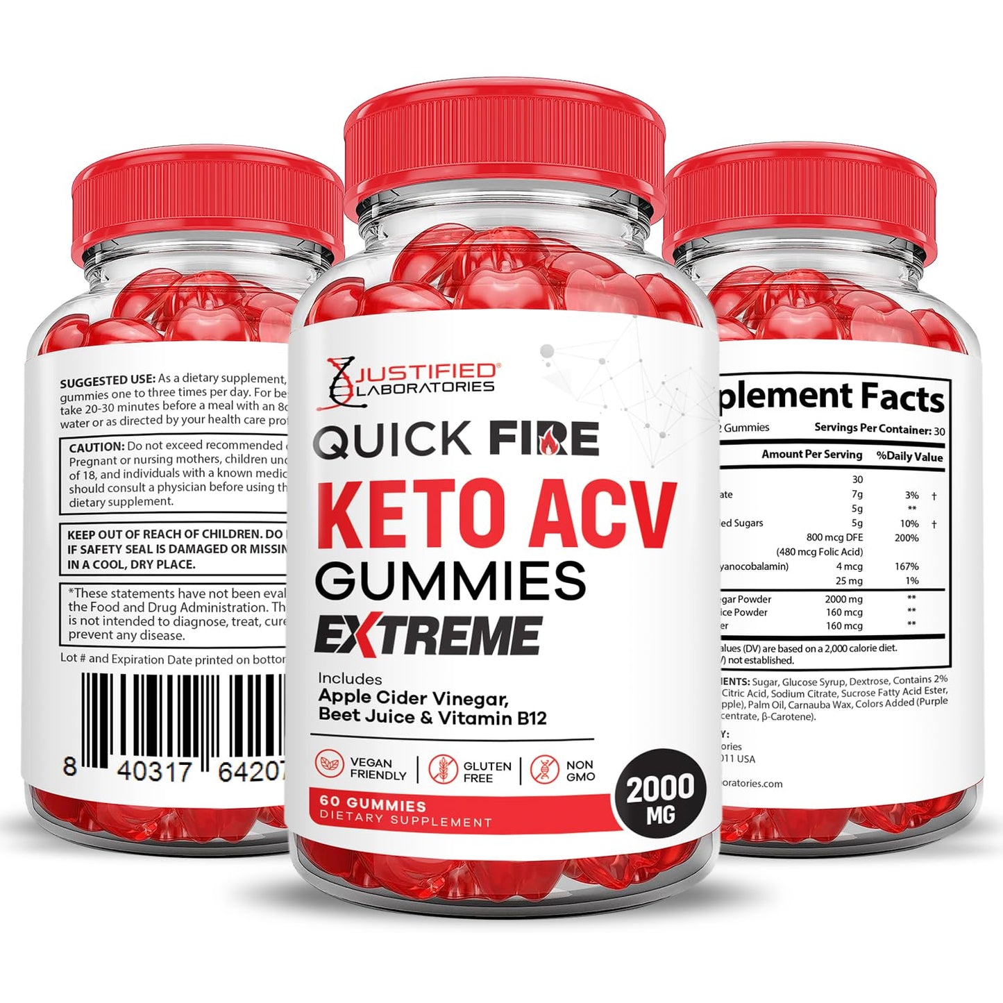 Justified Laboratories Quick Fire Keto ACV Gummies Extreme 2000MG, Apple Cider Vinegar with Pomegranate Beet Juice Powder, B12, Vegan, Non-GMO, 120 Gummies