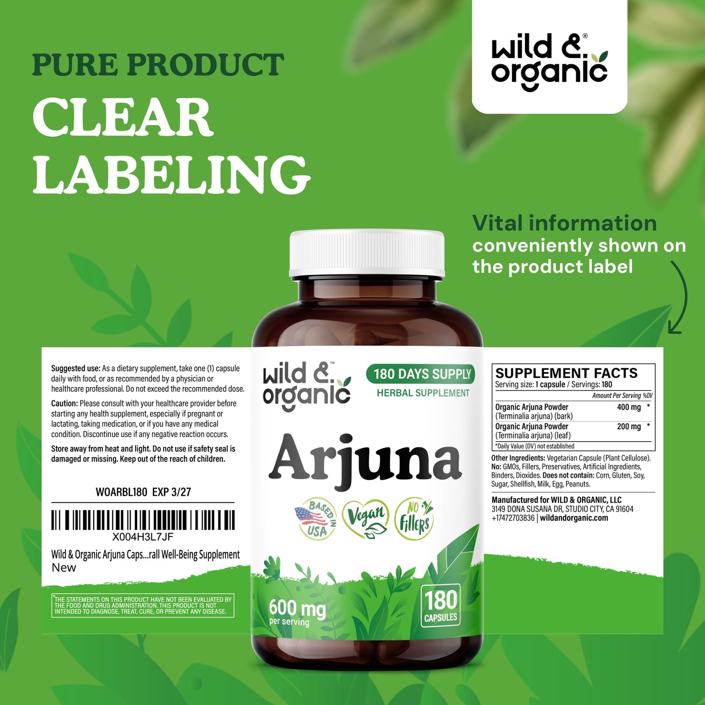 Wild & Organic Arjuna Bark 180 Capsules
