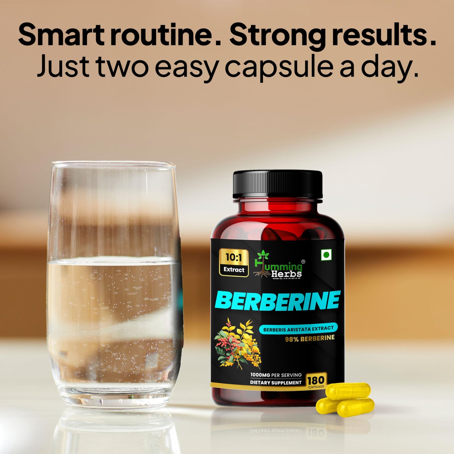 Humming Herbs Berberine 1000mg – Berberis Aristata Extract 10:1 Standardized to 98% Purity, 180 Capsules