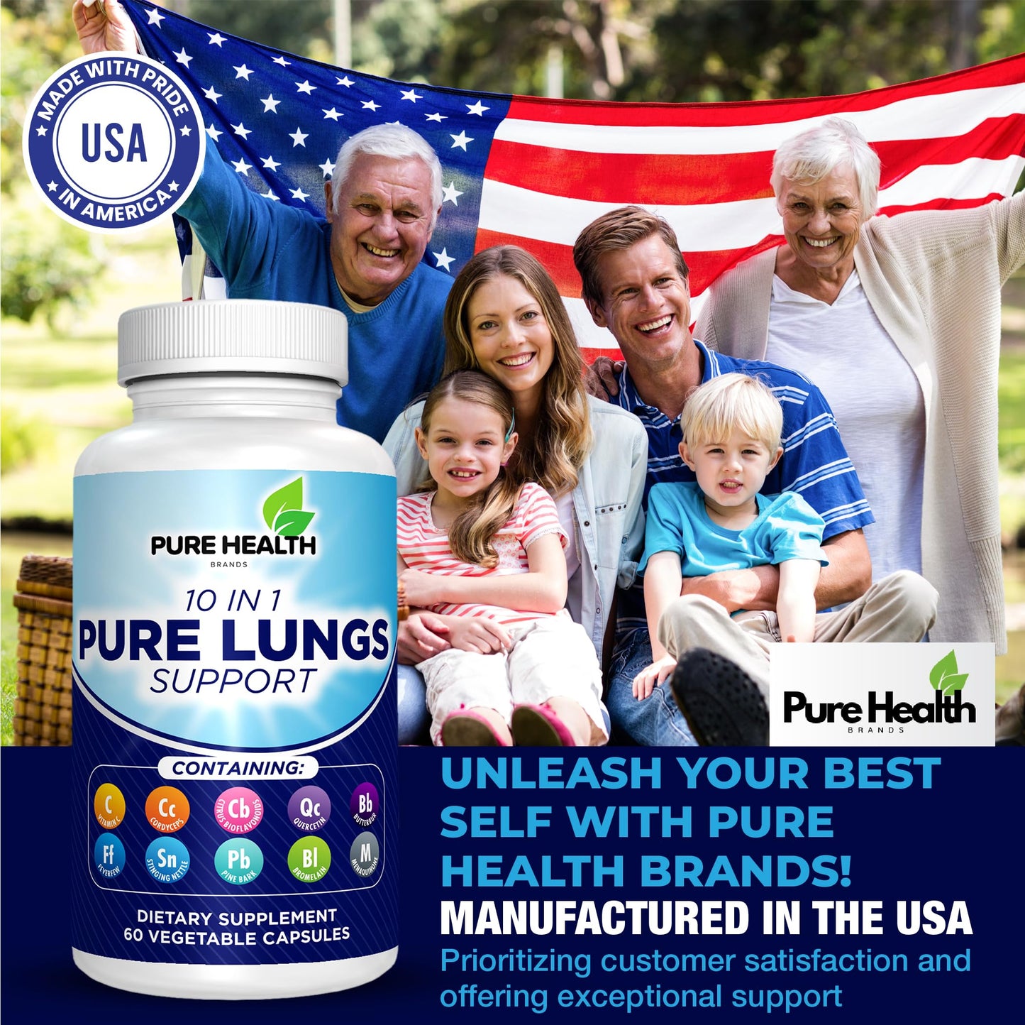 Pure Health Brands Pure Lungs Support 10-in-1 Lung Cleanse & Detox Supplement Capsules, 60 Count