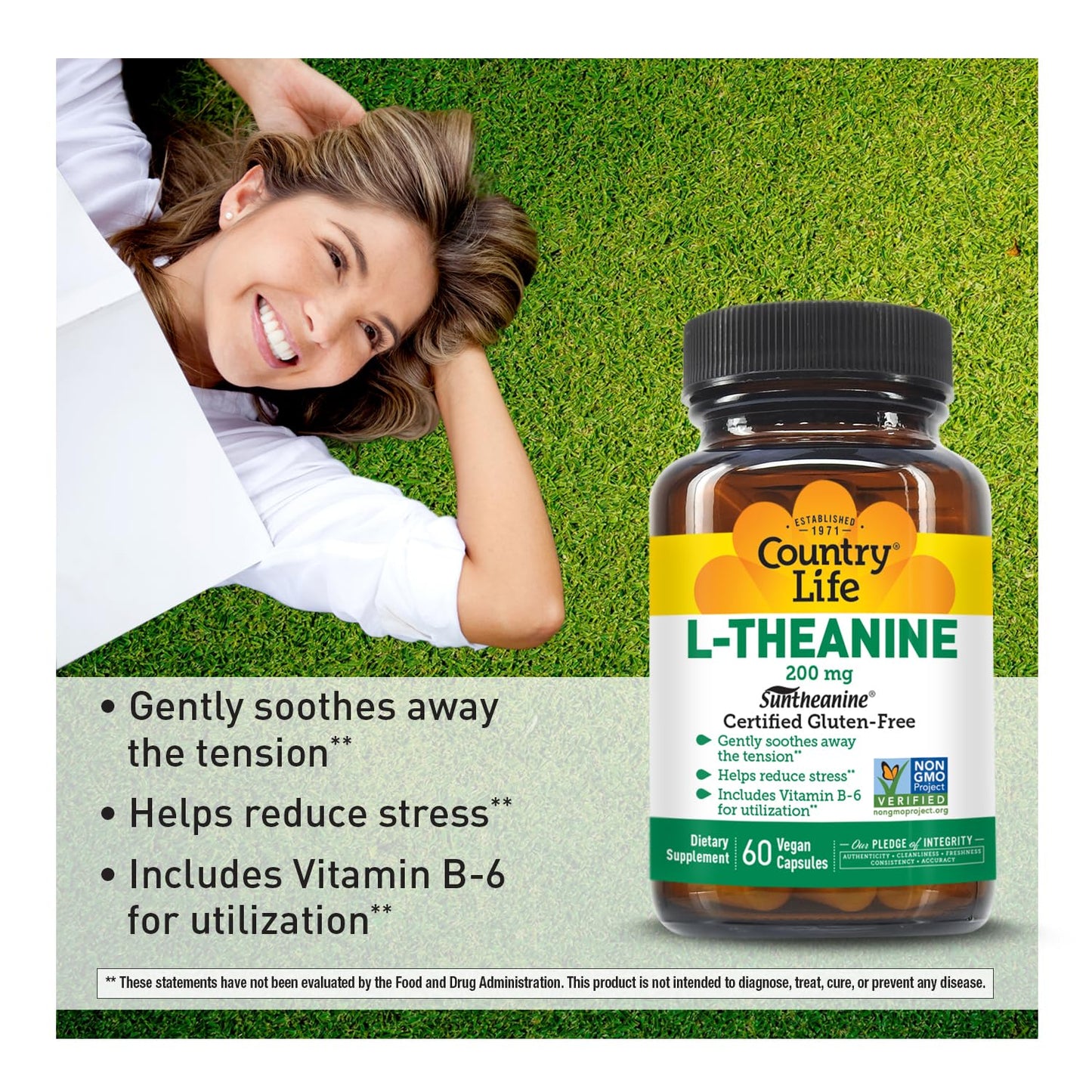Country Life L-Theanine 200 mg with Vitamin B6 Capsules, 60 Count