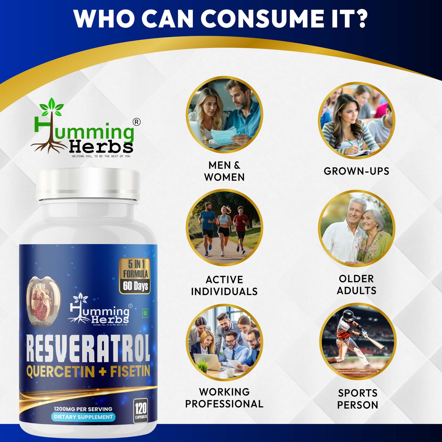 Humming Herbs Resveratrol Supplement with Quercetin, Fisetin, Spermidine & Vitamin D3 120 Capsules