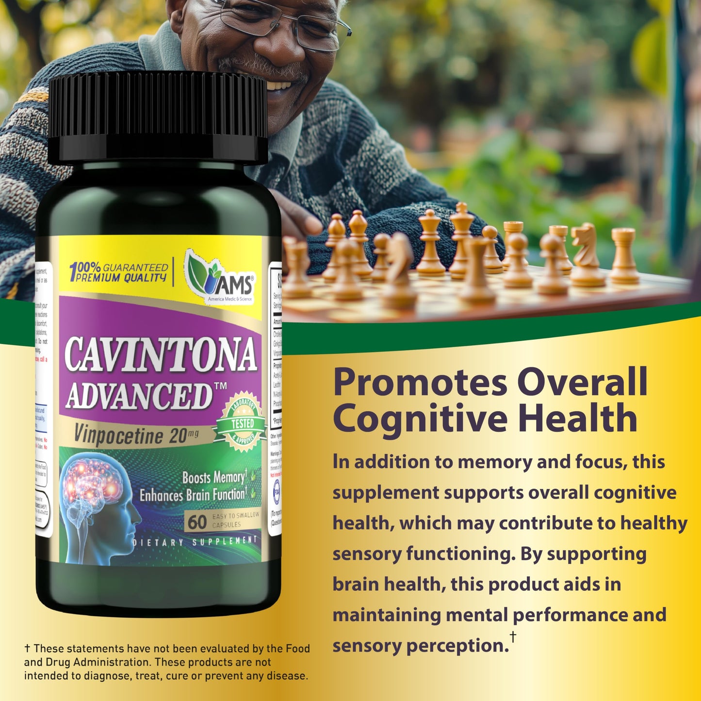 America Medic & Science Cavintona Advanced Supplement – Vinpocetine 20mg for Memory, Recall & Brain Health – Supports Cognitive Function, Focus, Mental Clarity & Blood Flow, Capsule, 60 Count