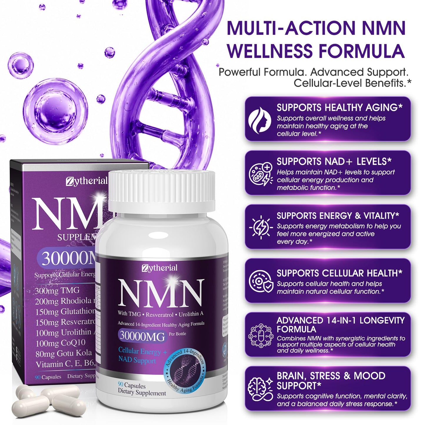 Zytherial NMN Supplement 1000mg Per Serving, 14-in-1 with TMG, Urolithin A, Resveratrol, Glutathione, Gotu Kola, NMNH Alternative & NAD+ Precursor, Supports Energy & NAD+ Level, Capsule, 90 Count