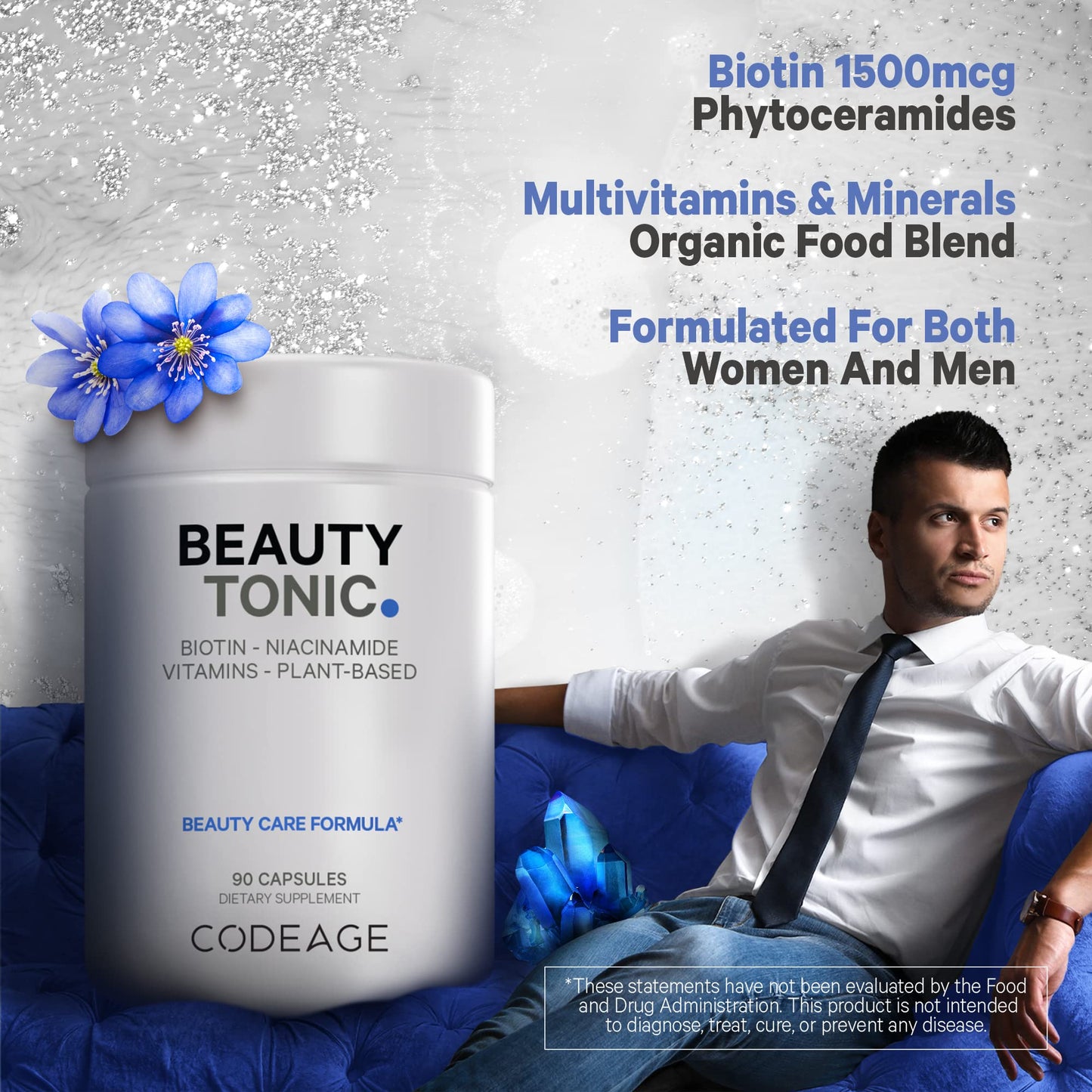 Codeage Biotin Capsule - Beauty Tonic with Vitamin C, Vitamin E, Vitamin B6, Niacin, Folate, Organic Food Blend, Phytoceramides, Astaxanthin, Selenium - Vegan Hair, Skin, and Nail Support, 90 Count