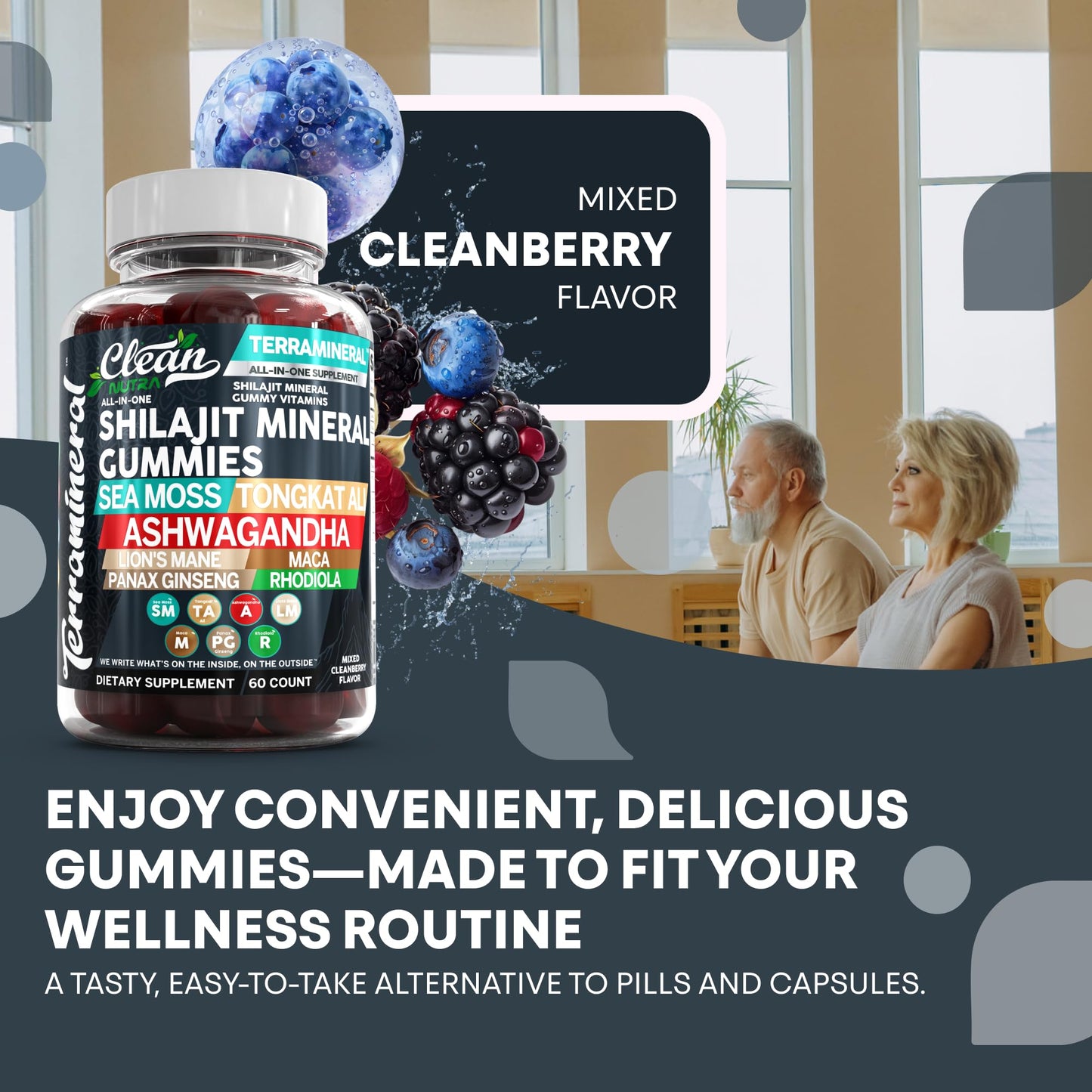 Clean Nutraceuticals Terramineral Shilajit Gummies with Irish Sea Moss Tongkat Ali Ashwagandha Lion's Mane MACA Panax Ginseng Rhodiola & Cordyceps, 60 Gummies