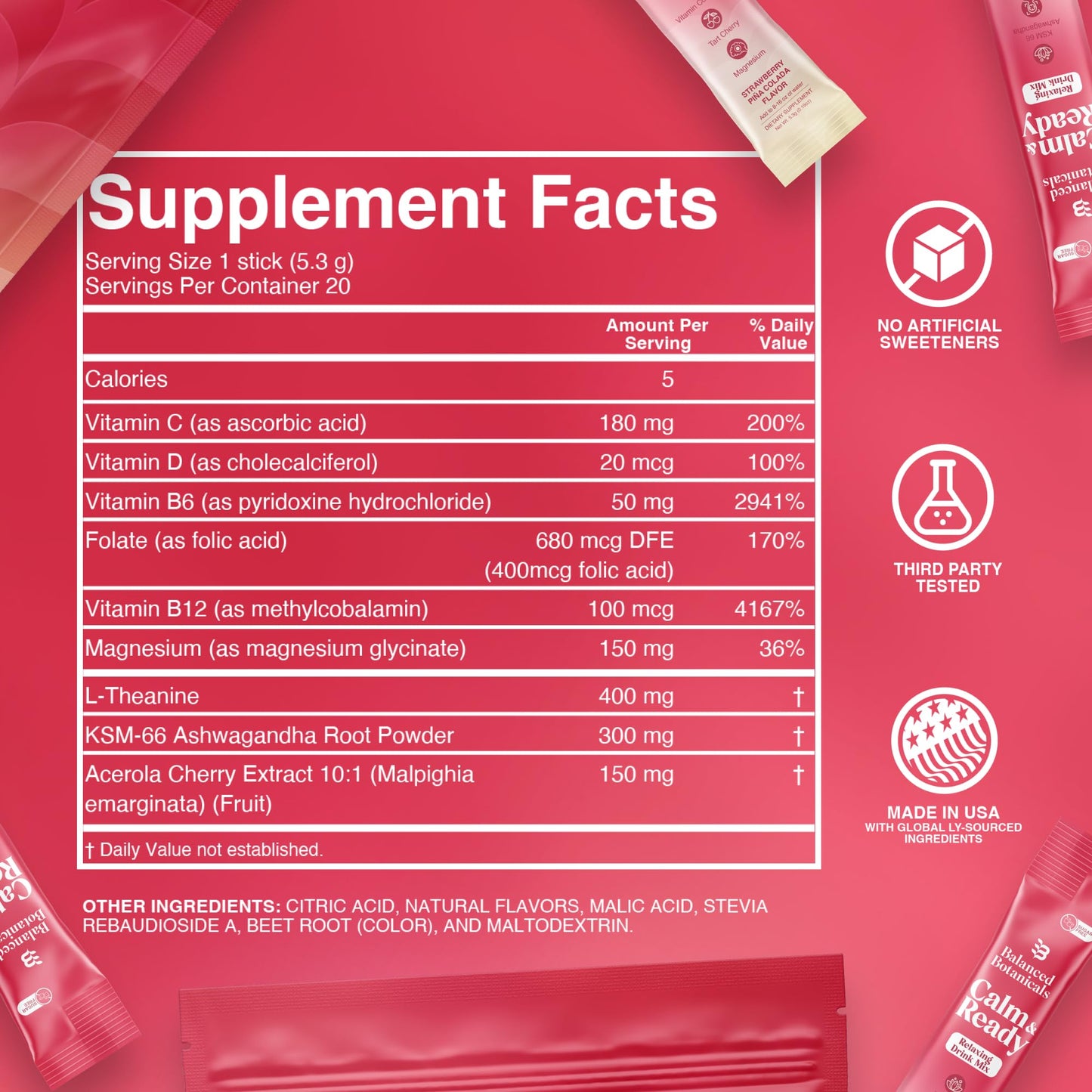 Balanced Botanicals Calm and Ready Powder 3.8 Ounce with Magnesium Glycinate, Ashwagandha KSM-66, L-Theanine, Tart Cherry, Cortisol Reducer Sleep & Relaxation Aid, Sugar Free, Strawberry Pina Colada