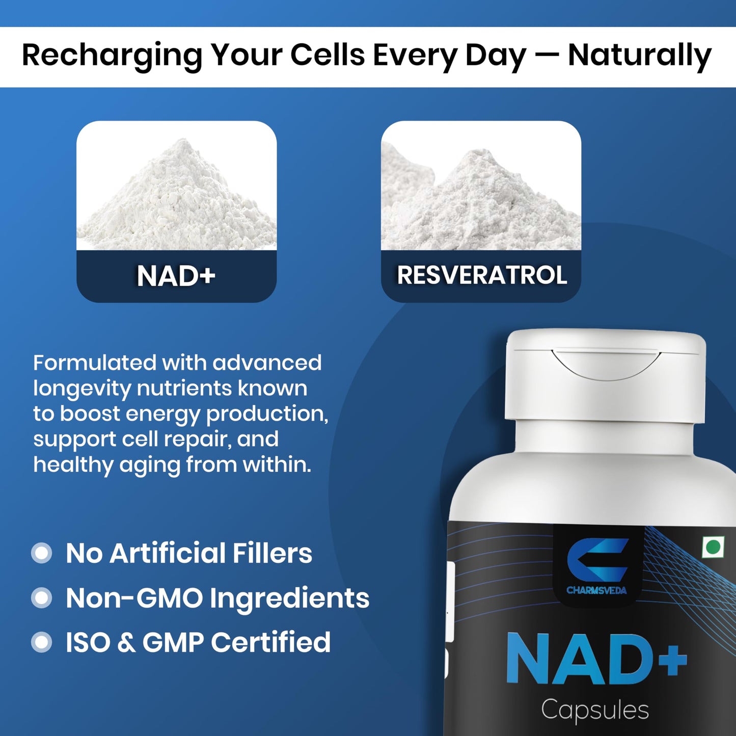 CHARMSVEDA NAD+ Capsules with Resveratrol & Black Pepper, 60 Vegan Capsules