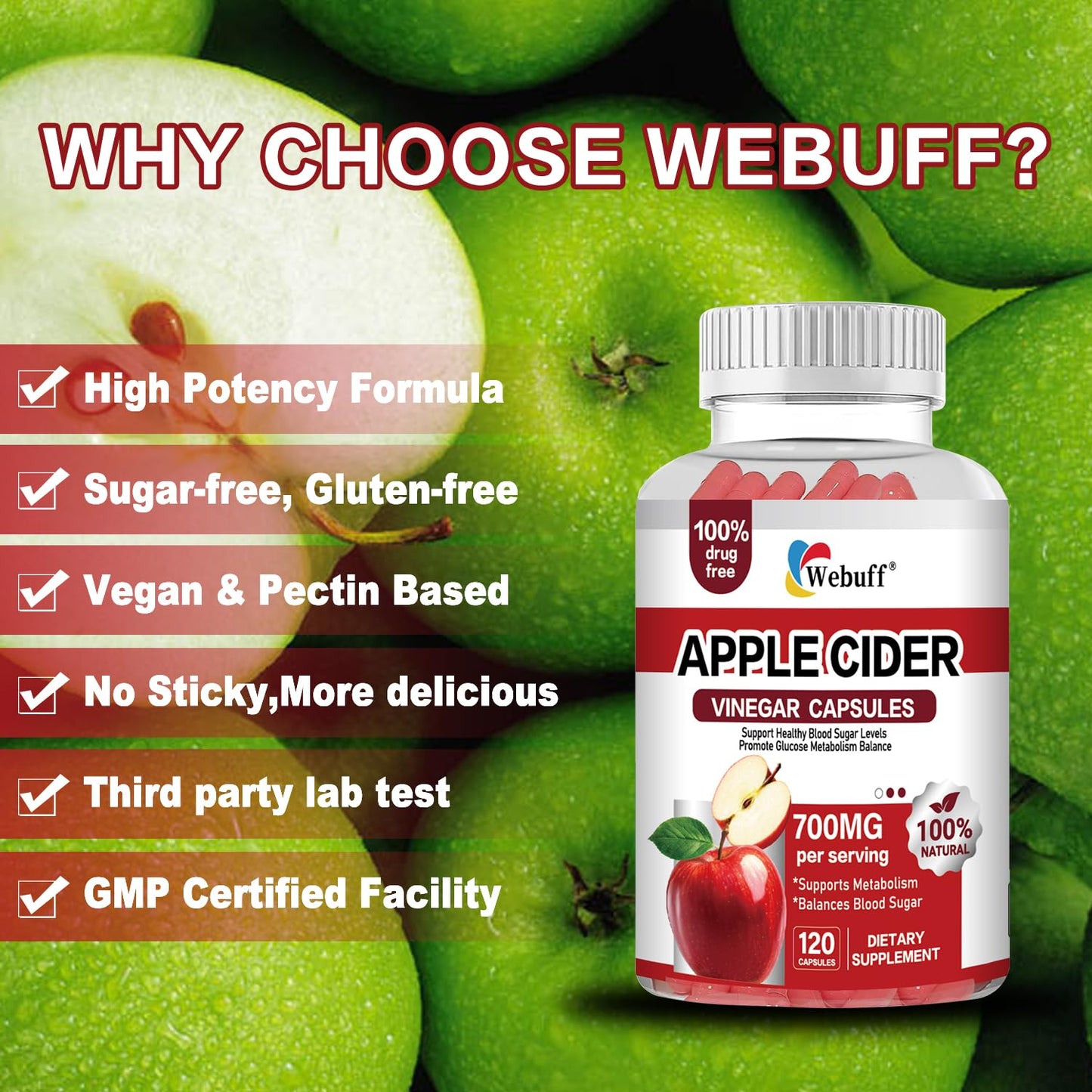 Webuff Apple Cider Vinegar 700mg with Mother Vegan, 240 Capsules