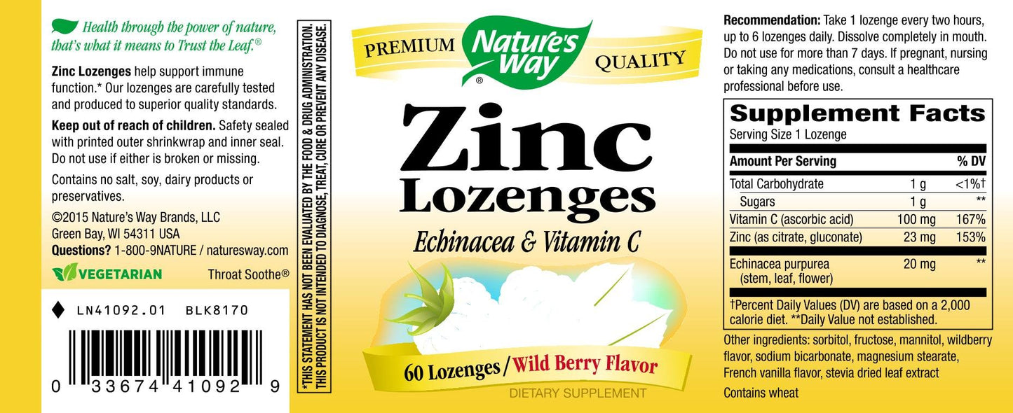Nature's Way Zinc Lozenges With Echinacea and Vitamin C Tablet, 60 Tablets