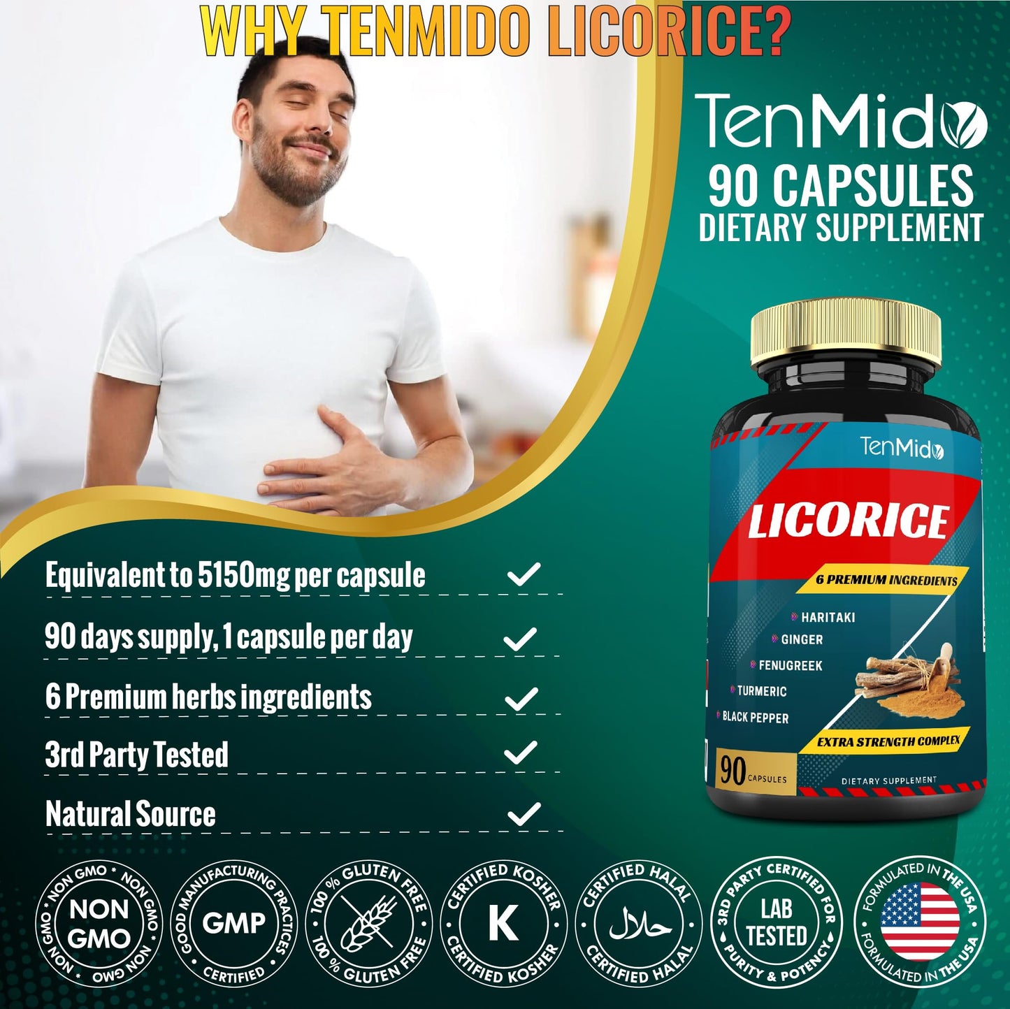 Tenmido Licorice Extract Capsules with Turmeric, Ginger, Fenugreek, Haritaki, Black Pepper - Digestion Support - 90 Count