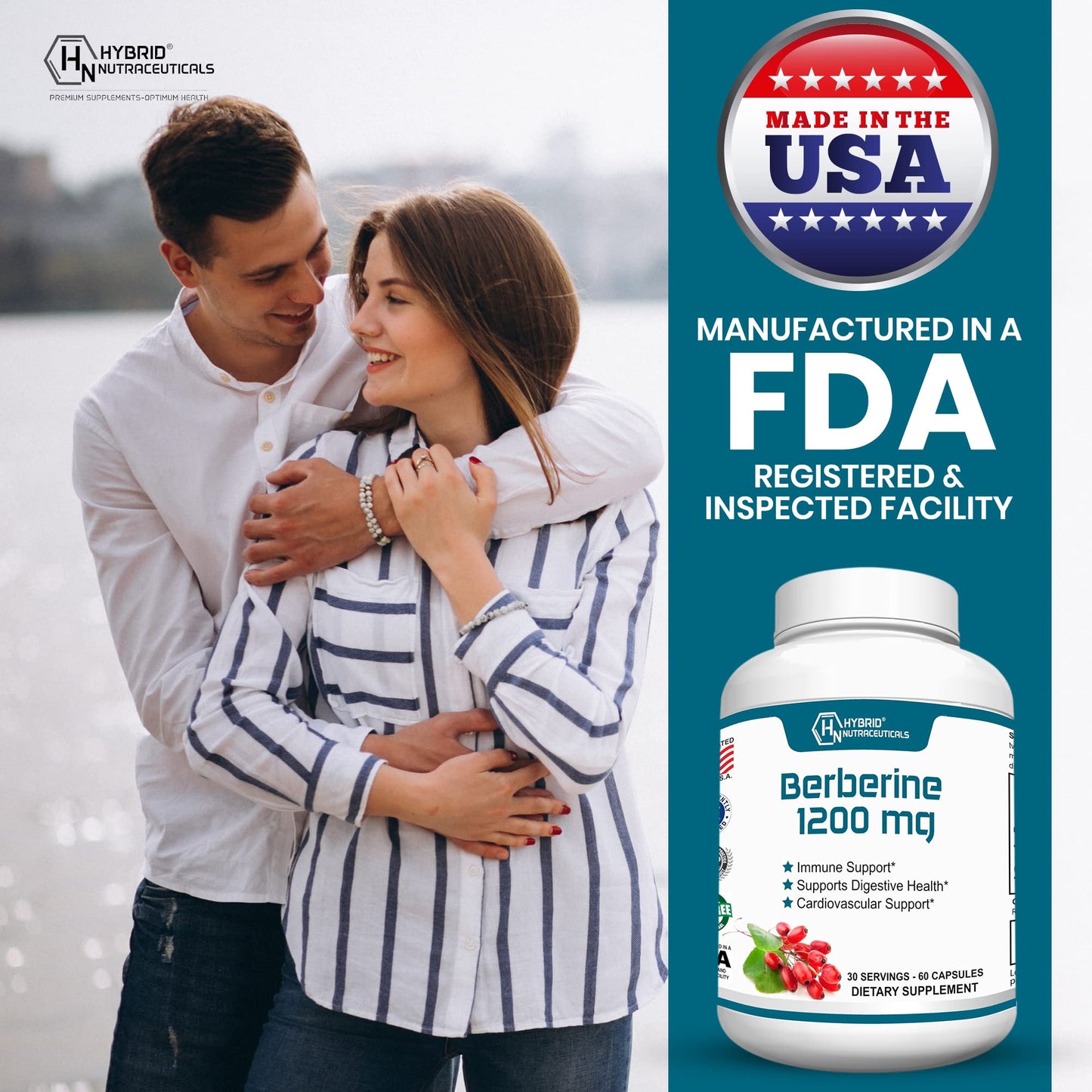 Hybrid Nutraceuticals Berberine 1200mg - Concentrated Berberine HCl Formula - Immune Support, Digestive Support - Gluten-Free Capsules, 60