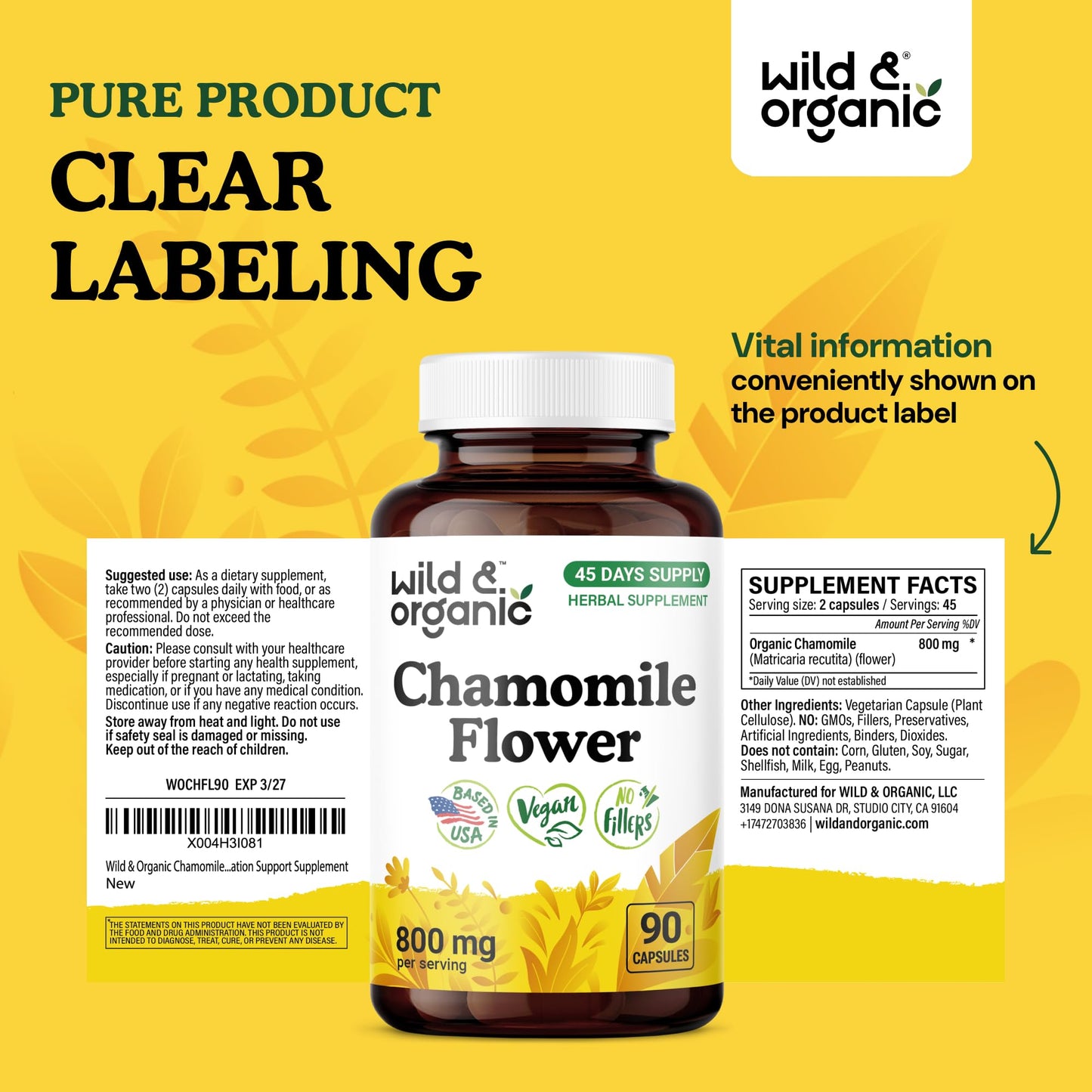 Wild & Organic Chamomile Capsules 800 mg, 90 Count