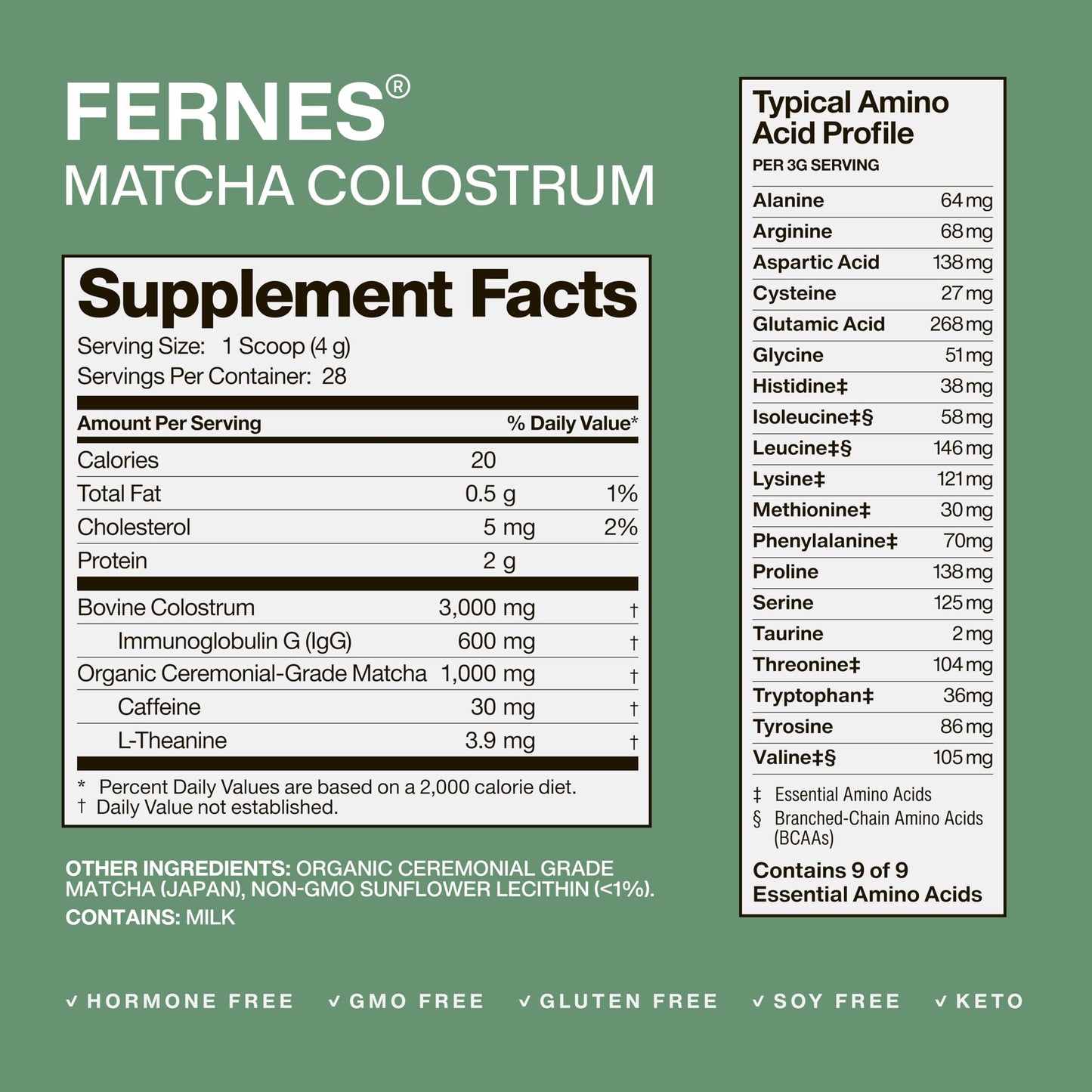 Fernes Matcha Colostrum Powder for Women & Men, 3.95 oz