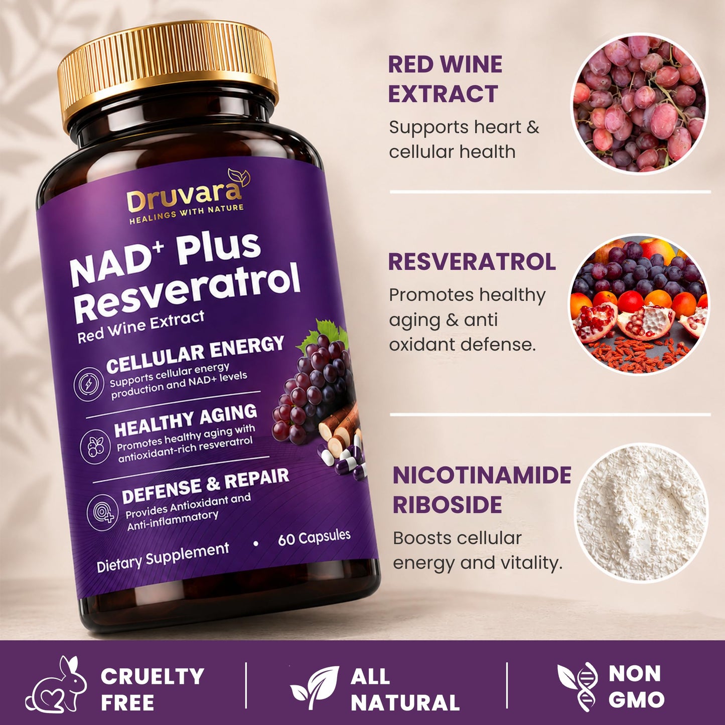 Druvara NAD Resveratrol Supplement Capsules with Red Wine Extract, 60 Count