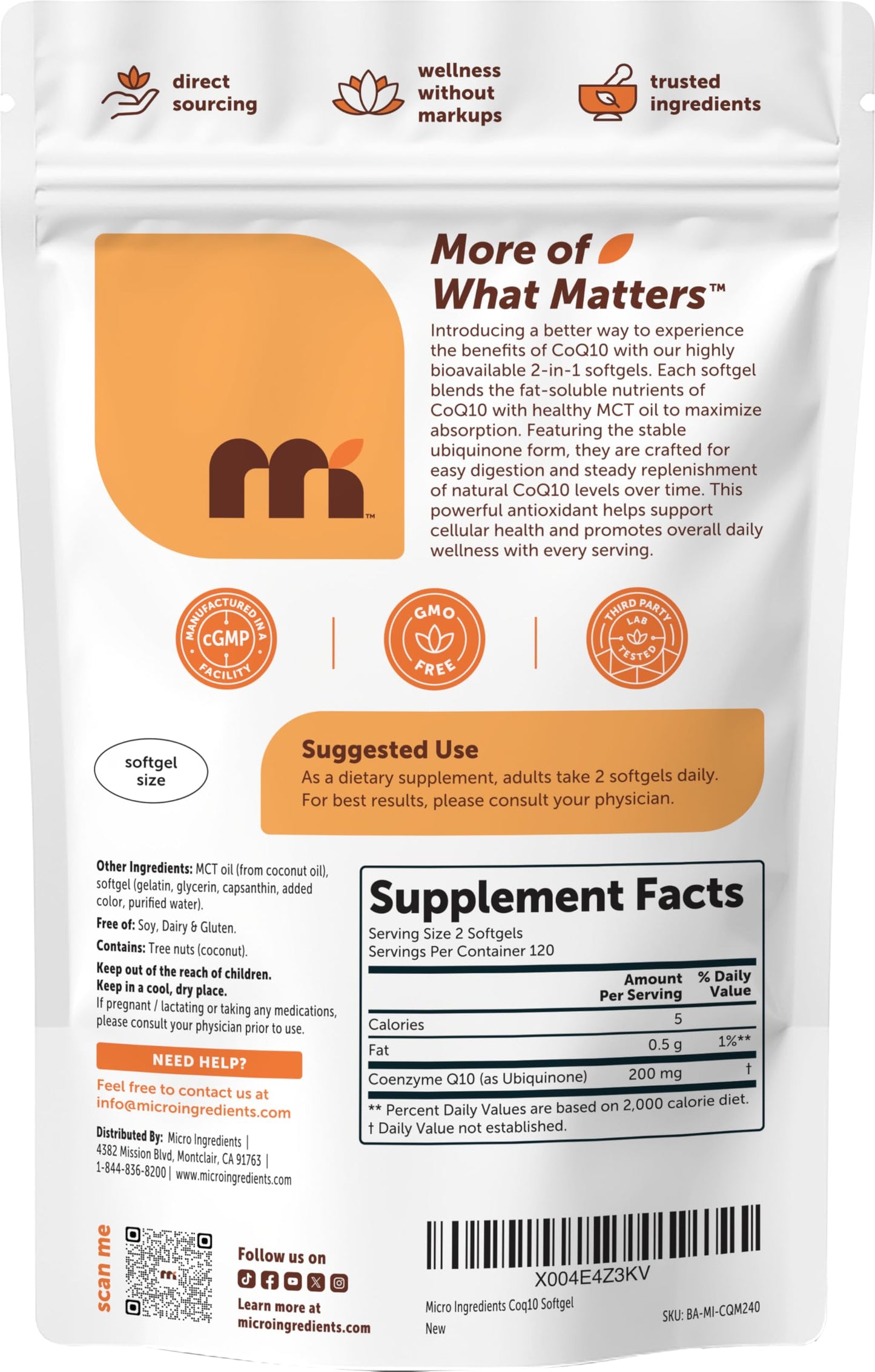 Micro Ingredients CoQ10 200mg Per Serving Softgels, 240 Count
