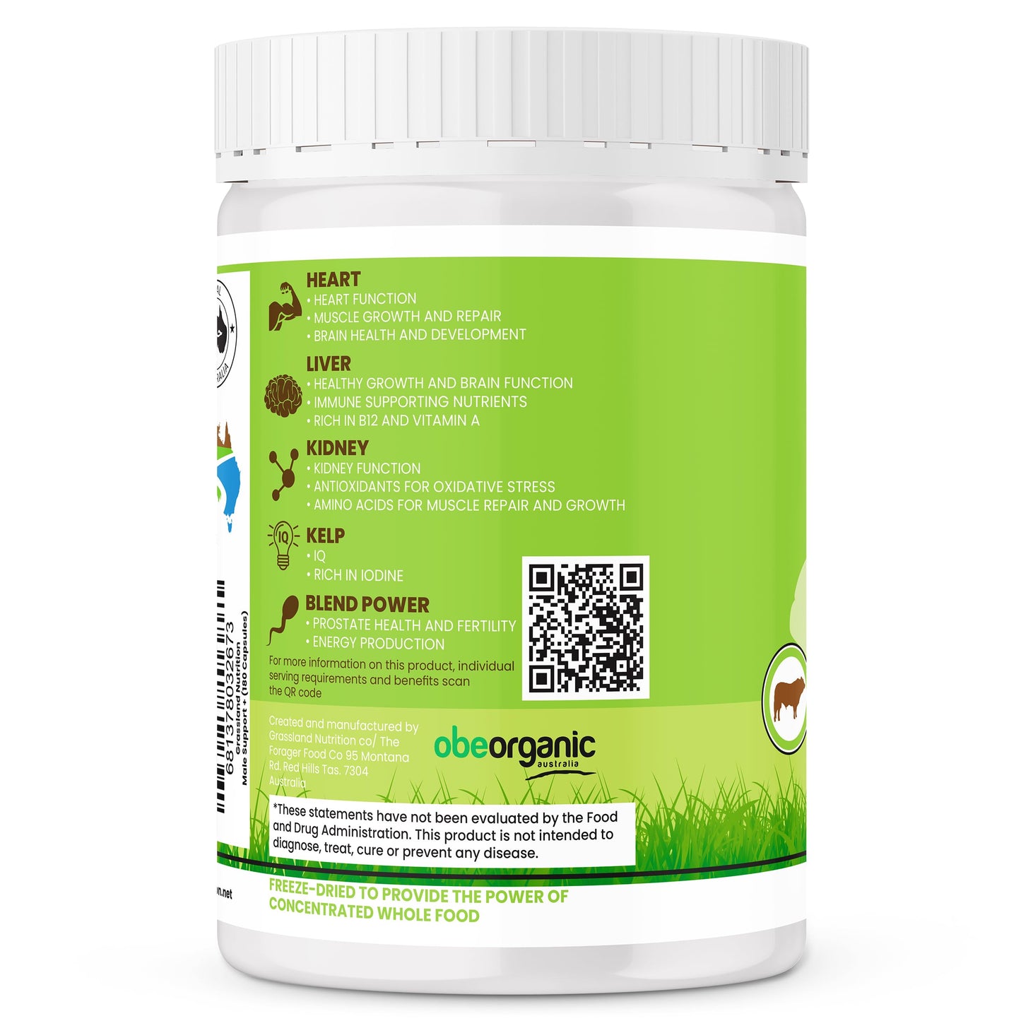GRASSLAND NUTRITION Male Support Blend of Beef Organs Capsules, 180 Count