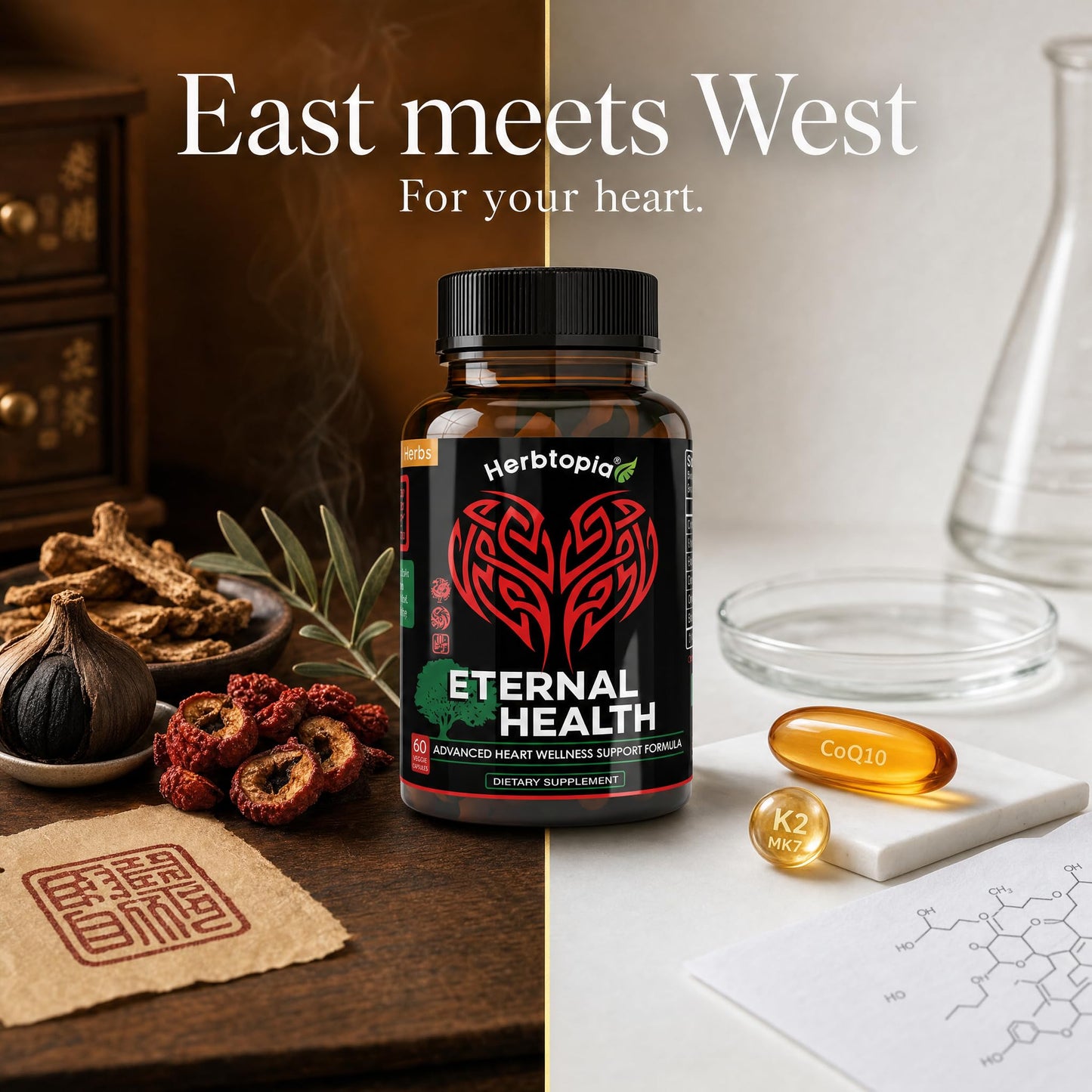 Herbtopia Eternal Health Blood Pressure Support Supplement – Heart Health & Blood Circulation Formula with CoQ10, K2 MK7, Black Garlic, Hawthorn, Olive Leaf & Dan Shen 60 Capsules