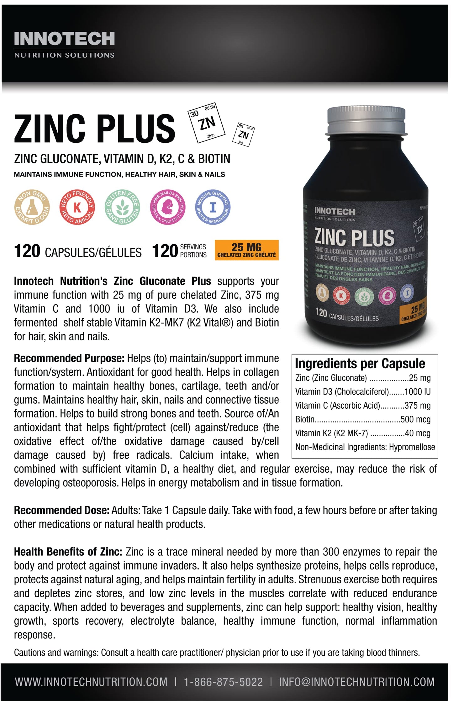 Innotech Nutrition Solutions Zinc Plus Immune Hair Skin & Nails Support Chelated Zinc Vitamin D3 & Biotin Capsules 120