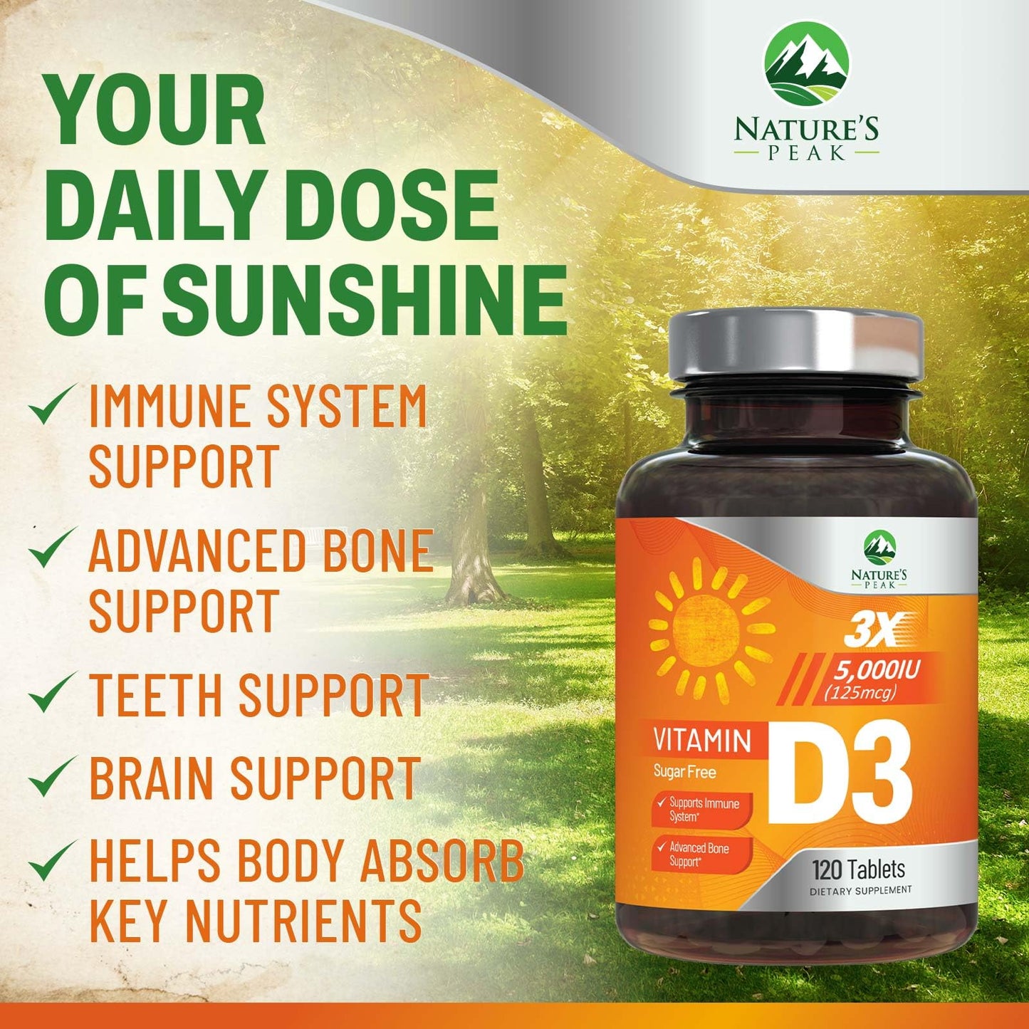 Nature's Peak Vitamin D3 5000iu (125 mcg) Per Serving - 3X Strength Immune Health Support Vitamin D Dietary Supplement for Bone, Teeth, Muscle - Vit D, Vegan, Gluten Free, Raspberry Flavor - 120 Chewable Tablets