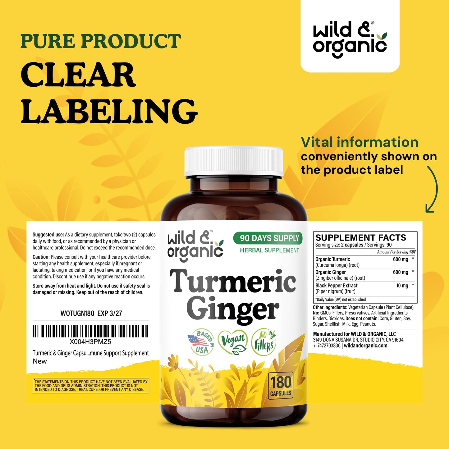 Wild & Organic Turmeric and Ginger Capsules - Mobility Support - 180 Count