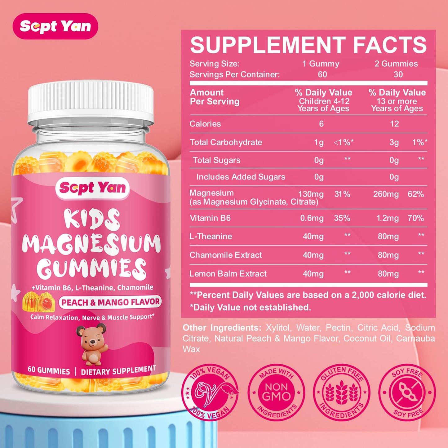 SEPT YAN Kids Magnesium Glycinate Gummies, 60 Count
