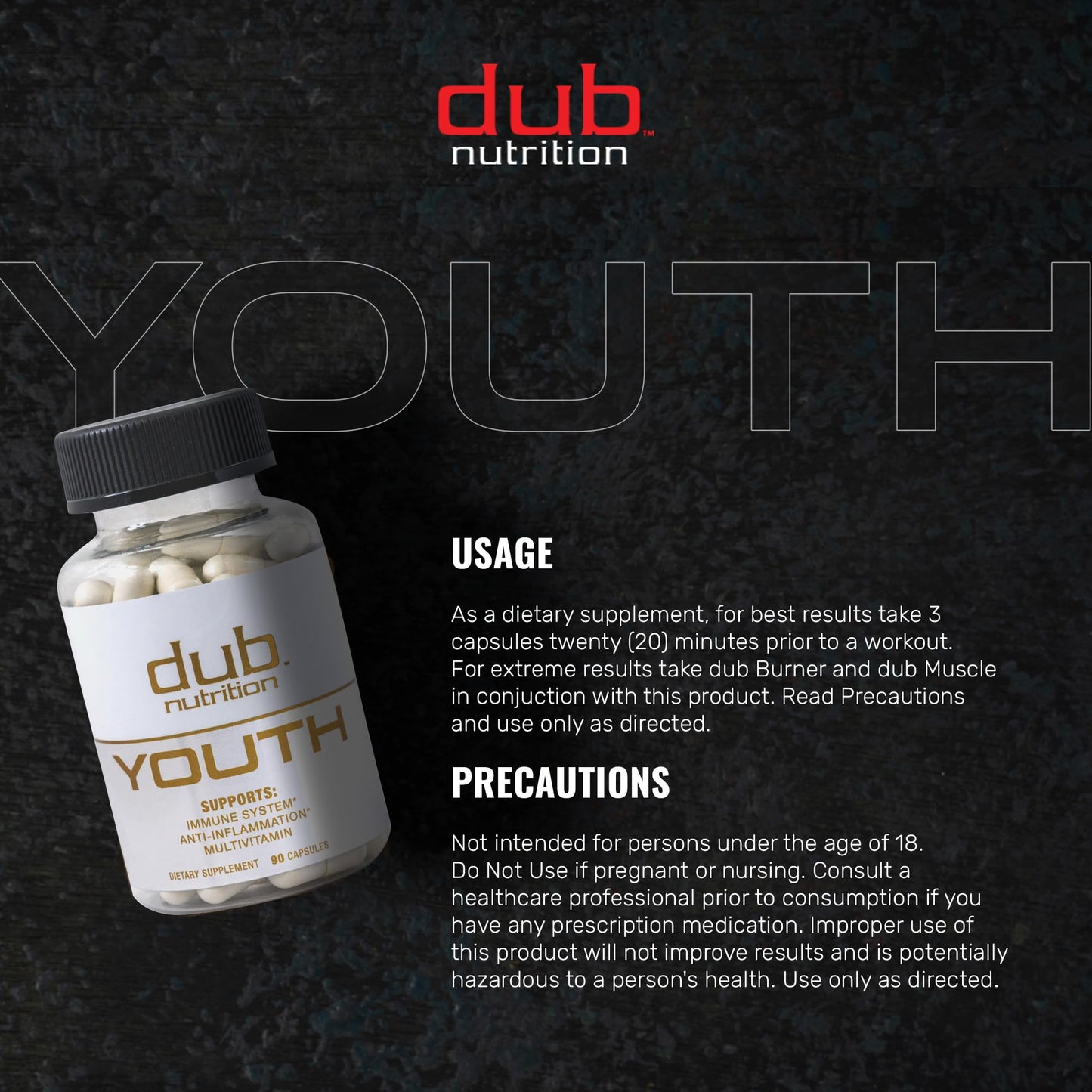Dub Nutrition Youth Formula with Acai, Resveratrol, Curcumin, Vitamins A, C, D, E, B12, and CoQ10 - Supports Immunity and Mobility, 90 Capsules