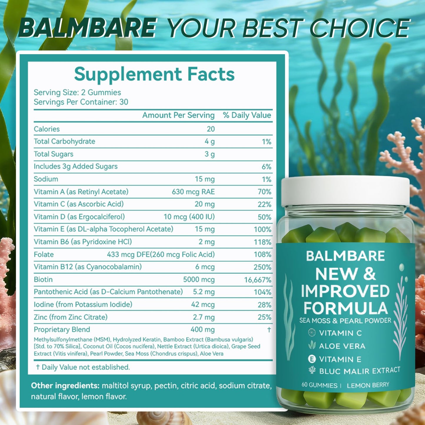 Balmbare Revive Plus Gummies for Hair Loss - Sea Moss Gummies with Liposomal Vitamin C, Vitamin E, Aloe Vera, Pearl Powder Supports Faster Hair Growth, Stronger Nails, Extra Strength - 60 Count