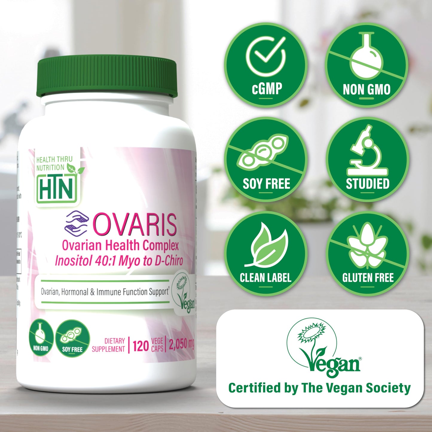 Health Thru Nutrition OVARIS Ovarian Health Complex Inositol 40:1 Myo to D-Chiro Capsule 120 Count