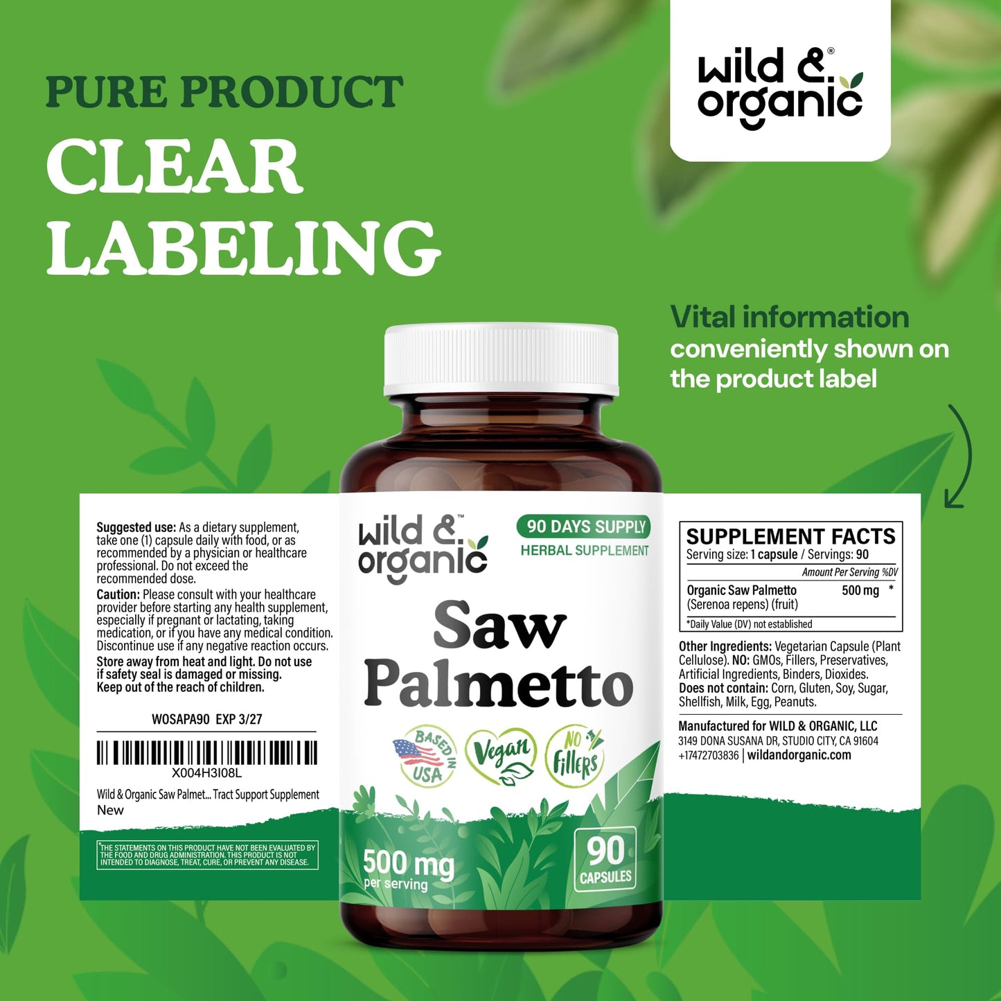 Wild & Organic Saw Palmetto 500 mg Capsules, 90 Count
