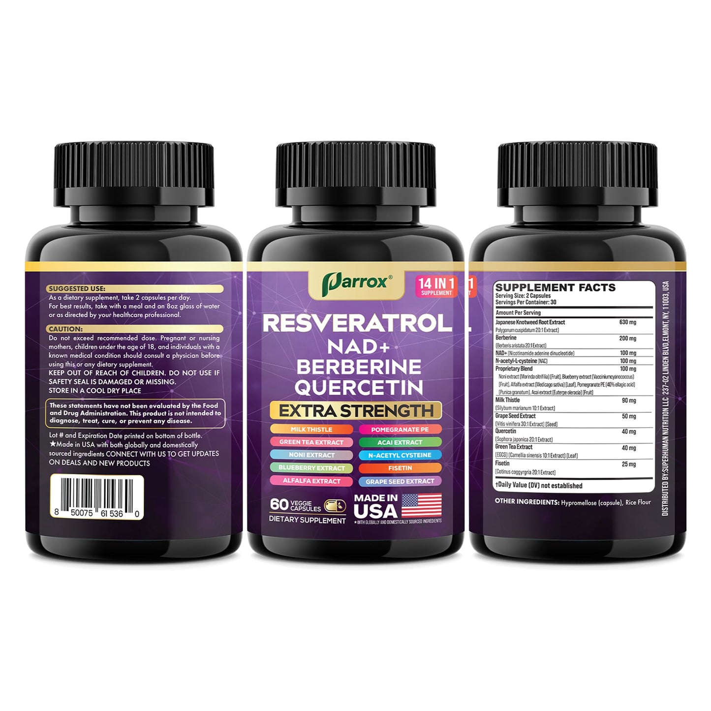 Parrox Resveratrol Supplement, 14-in-1 NAD, Berberine & Quercetin Capsules, 120 Count