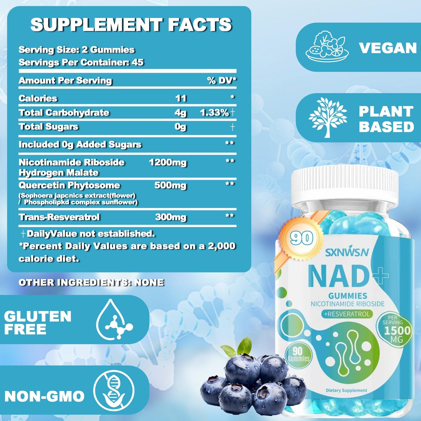 SXNWSN NAD+ Gummies with Nicotinamide Riboside, Trans-Resveratrol & Quercetin - Anti-Aging Energy Support & Cellular Health, Sugar-Free Blueberry Flavor 90 ct