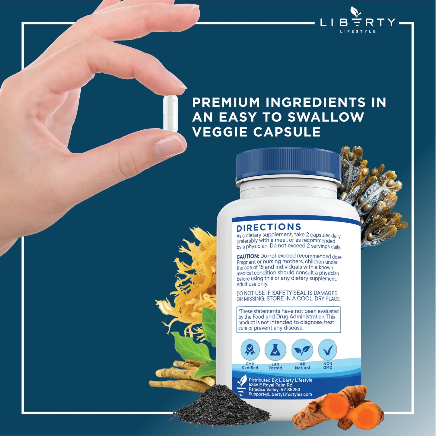 Liberty Lifestyle Sea Moss Black Seed Oil Ashwagandha Turmeric Bladderwrack Burdock - with Manuka, Honey Dandelion, ACV Black Pepper Gluten Free, 180 Capsules