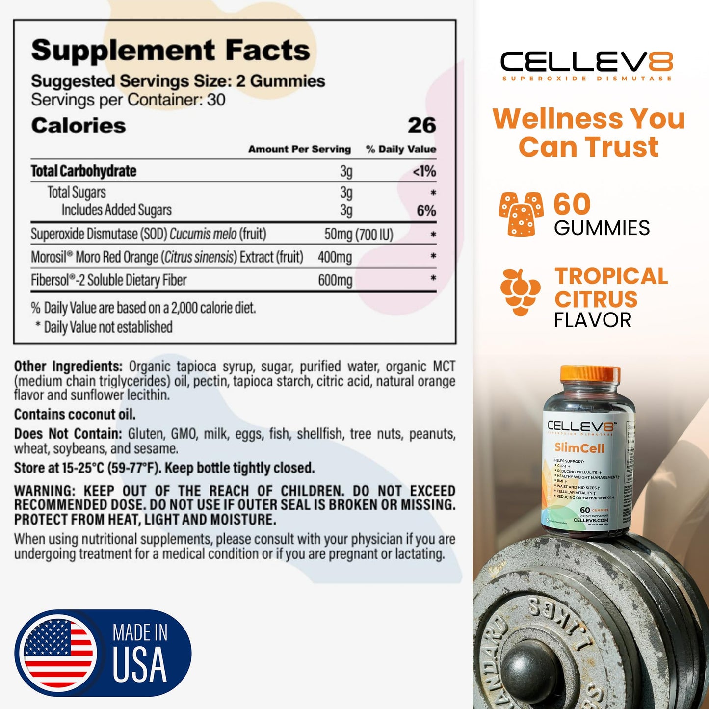 Cellev8 Superoxide Dismutase SlimCell Clinical Studied Metabolism & Appetite Support Gummies, 60 Count