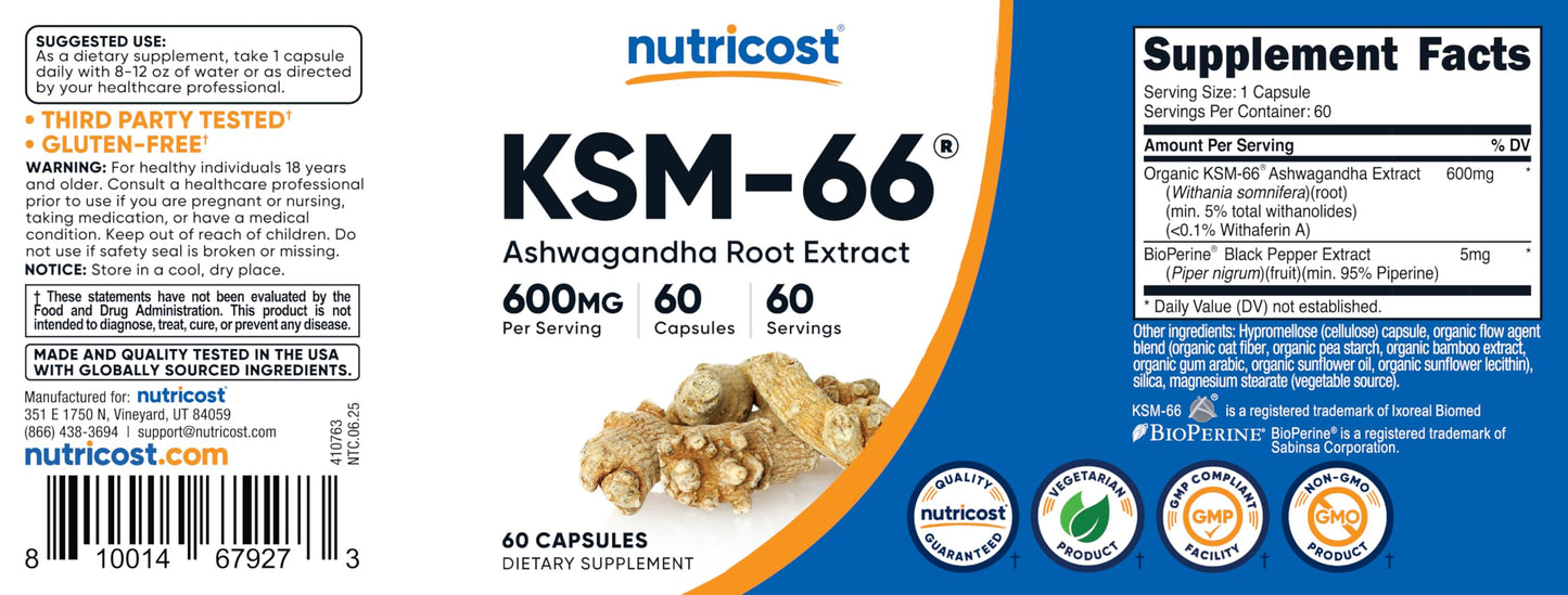 Nutricost KSM-66 Ashwagandha Root Extract (600mg) Capsules 180 Count