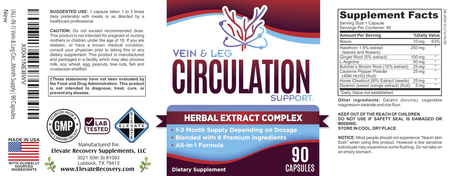 Elevate Recovery Supplements Vein + Leg Circulation Supplement 8-in-1 Formula Capsule, 90 Capsules