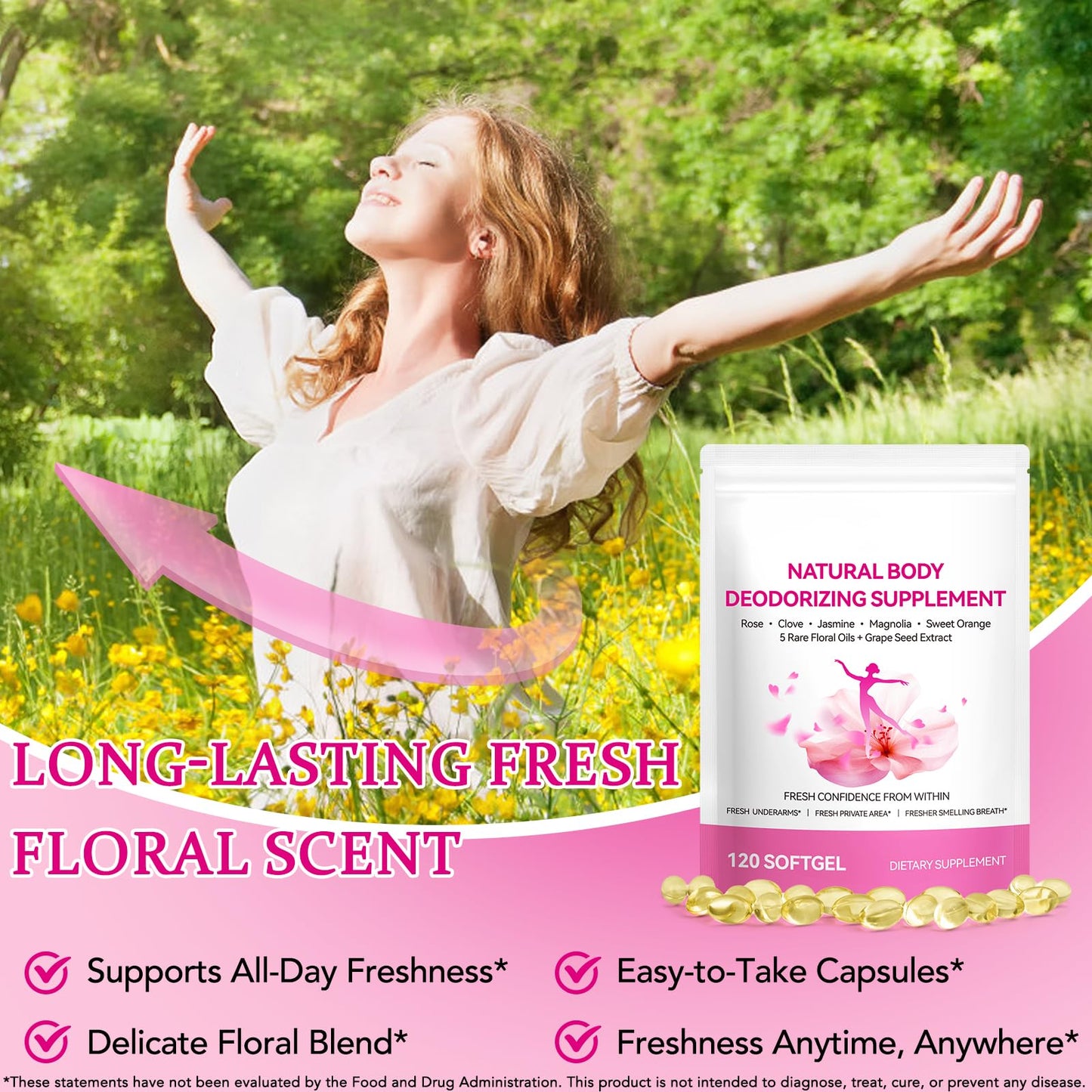 Chenyayun Internal Deodorant Supplement for Women Freshness, 5-In-1 Floral Essential Oil Blends, Antioxidant Softgels, 120 Count