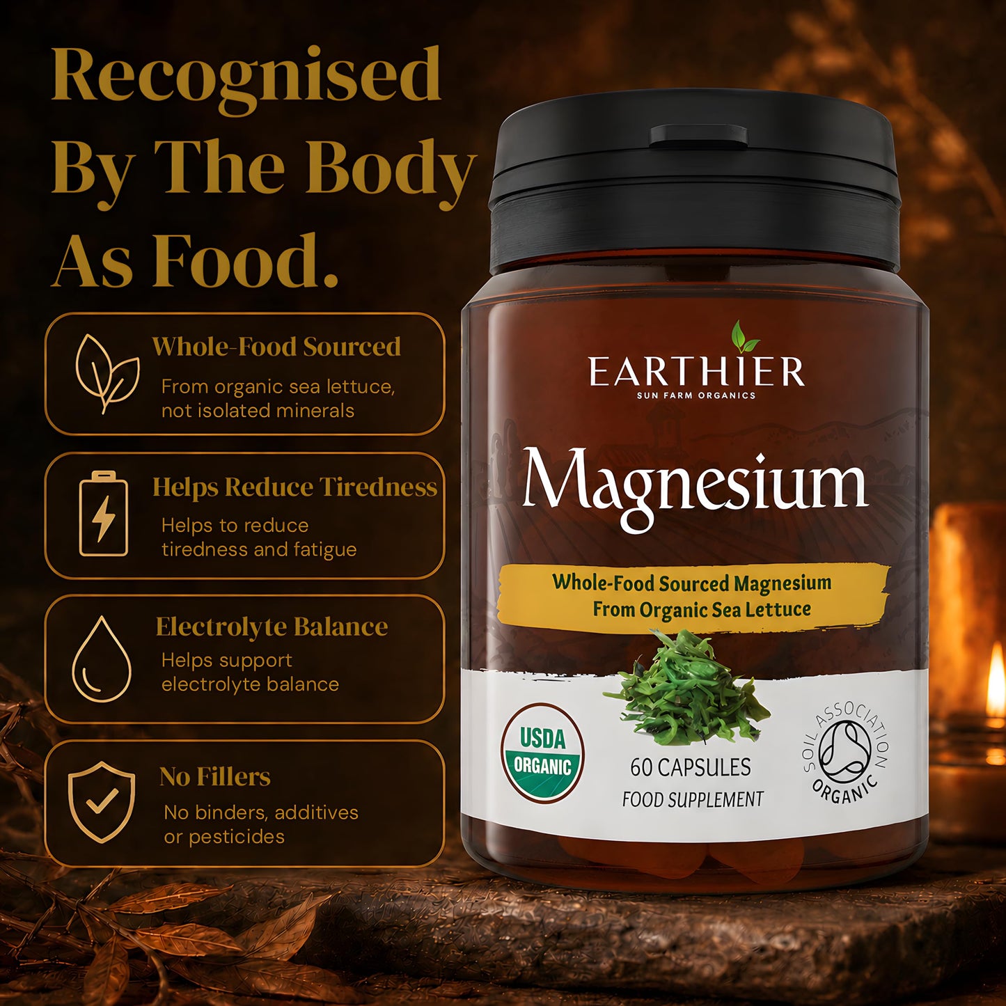 Earthier Organic Magnesium Whole Food Sourced & Certified by Soil Association Vegan Capsules, 60 Capsules