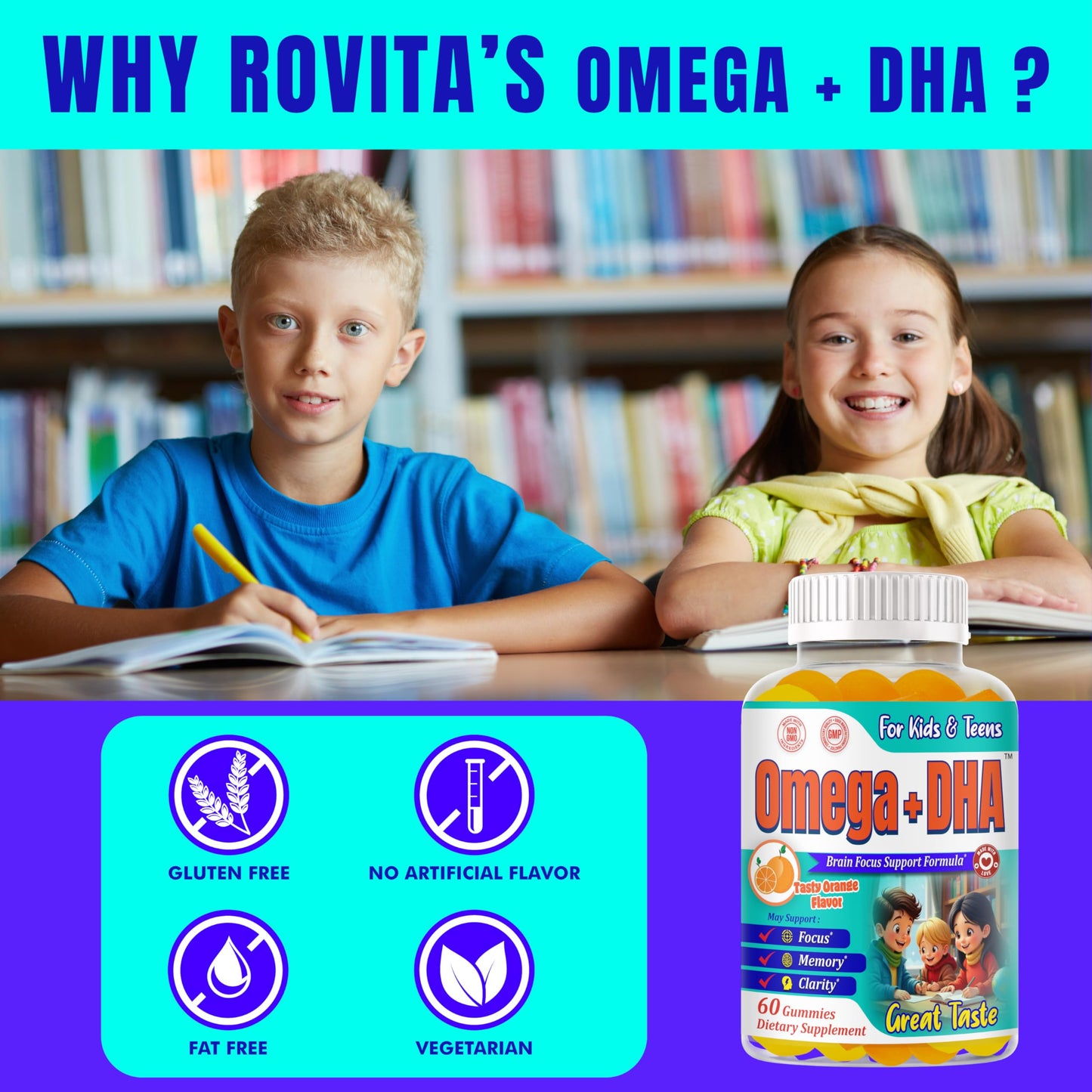ROVita Omega + DHA Kids Omega 3 DHA Gummies, 60 Gummies