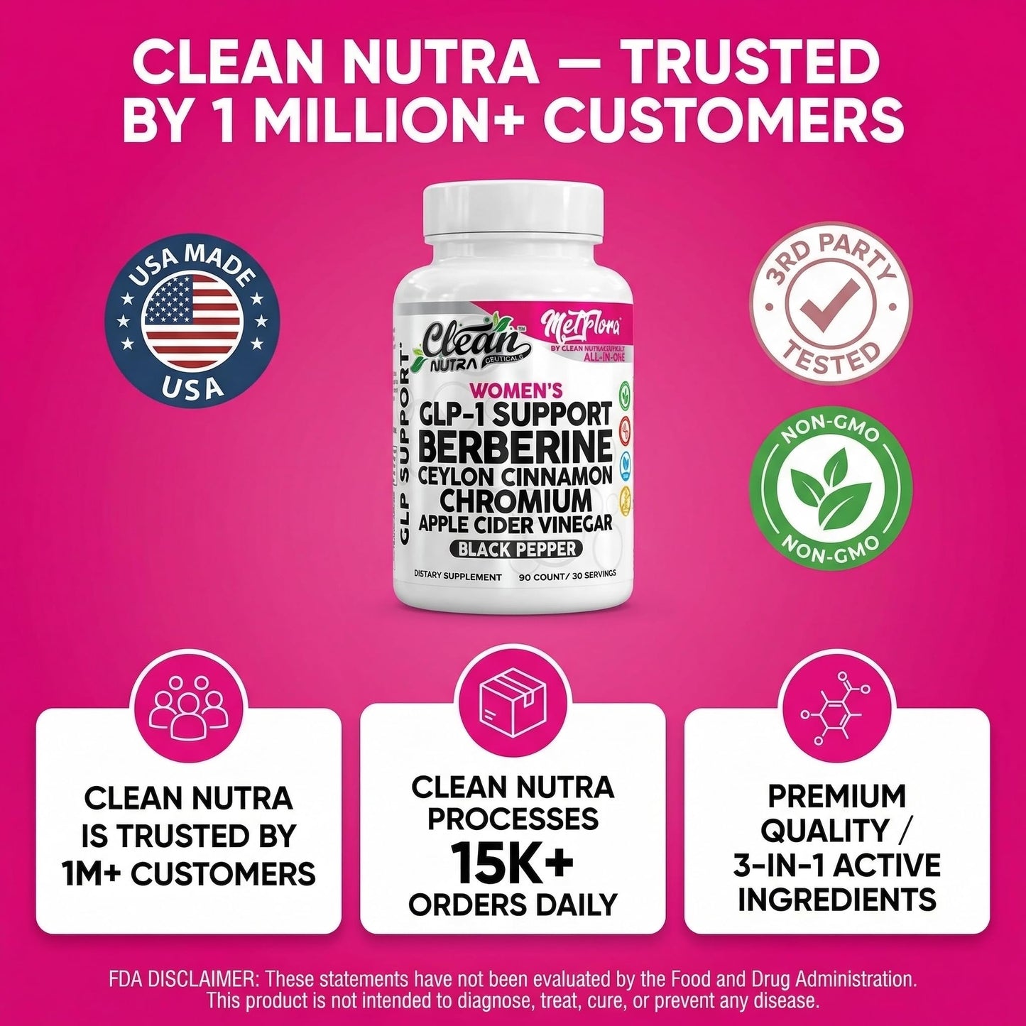 Clean Nutraceuticals Berberine 1000mg Capsule with Apple Cider Vinegar, Women's Metabolic Support with Cinnamon, Chromium Picolinate 1000mcg & Black Pepper Extract, Metabolic Wellness, 90 Count
