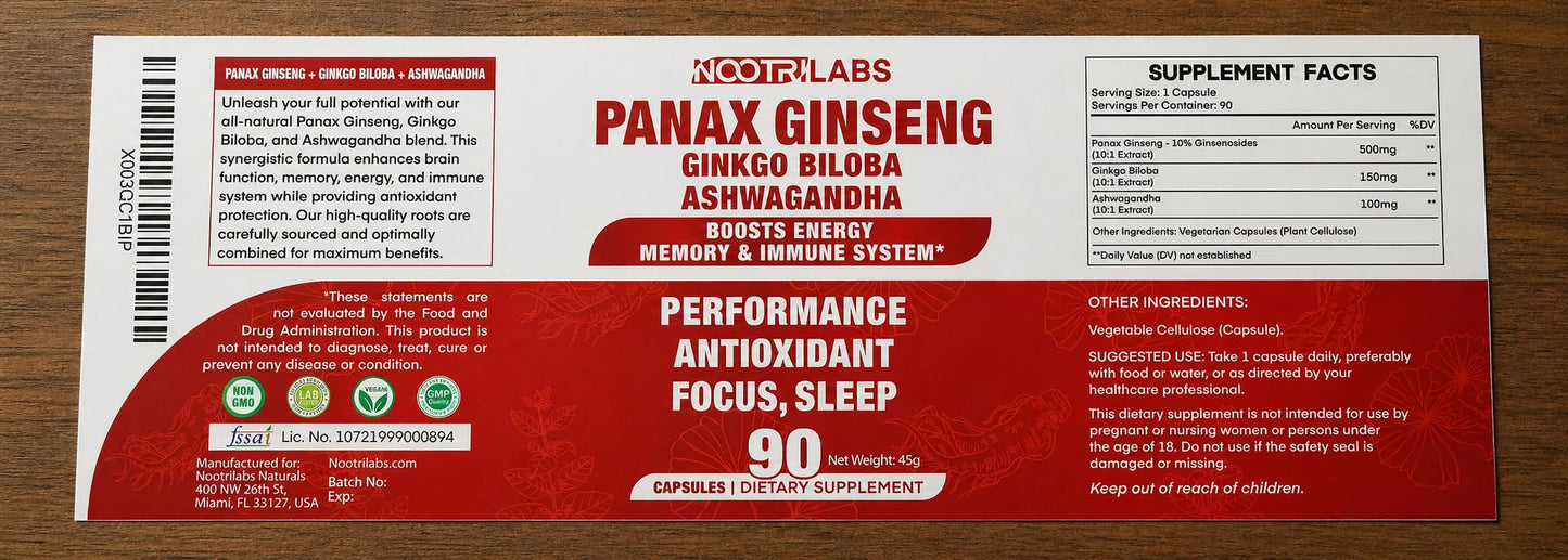 Nootrilabs Naturals Korean Red Panax Ginseng High Potency with Ginkgo Biloba and Ashwagandha, 90 Capsules