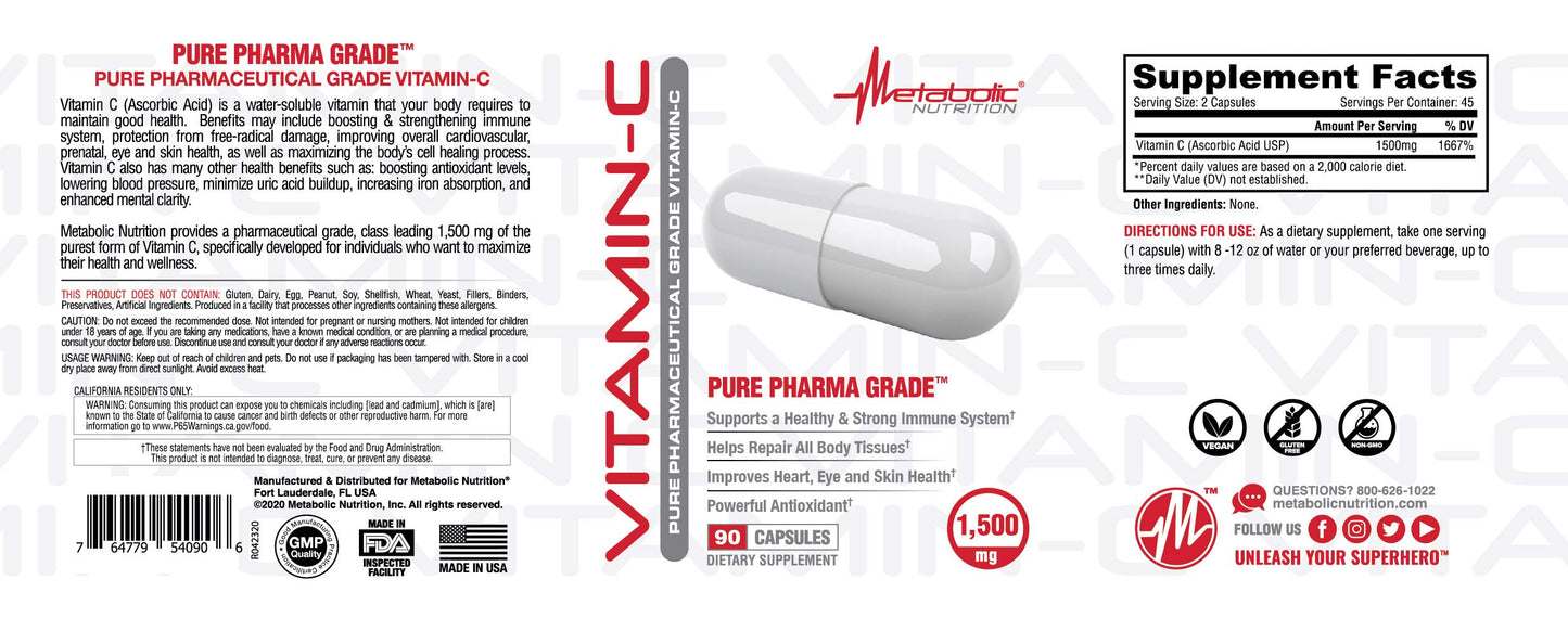 Metabolic Nutrition Vitamin C 1500mg Pure Pharma Grade High Absorption Ascorbic Acid Capsules, 90 Capsules