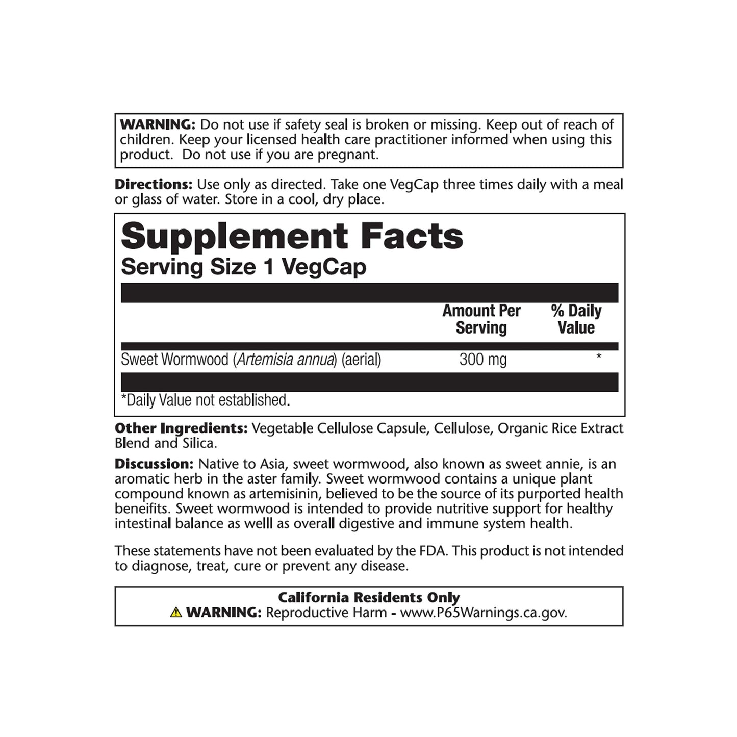 SOLARAY Sweet Wormwood Capsules 300 mg, 100 Count