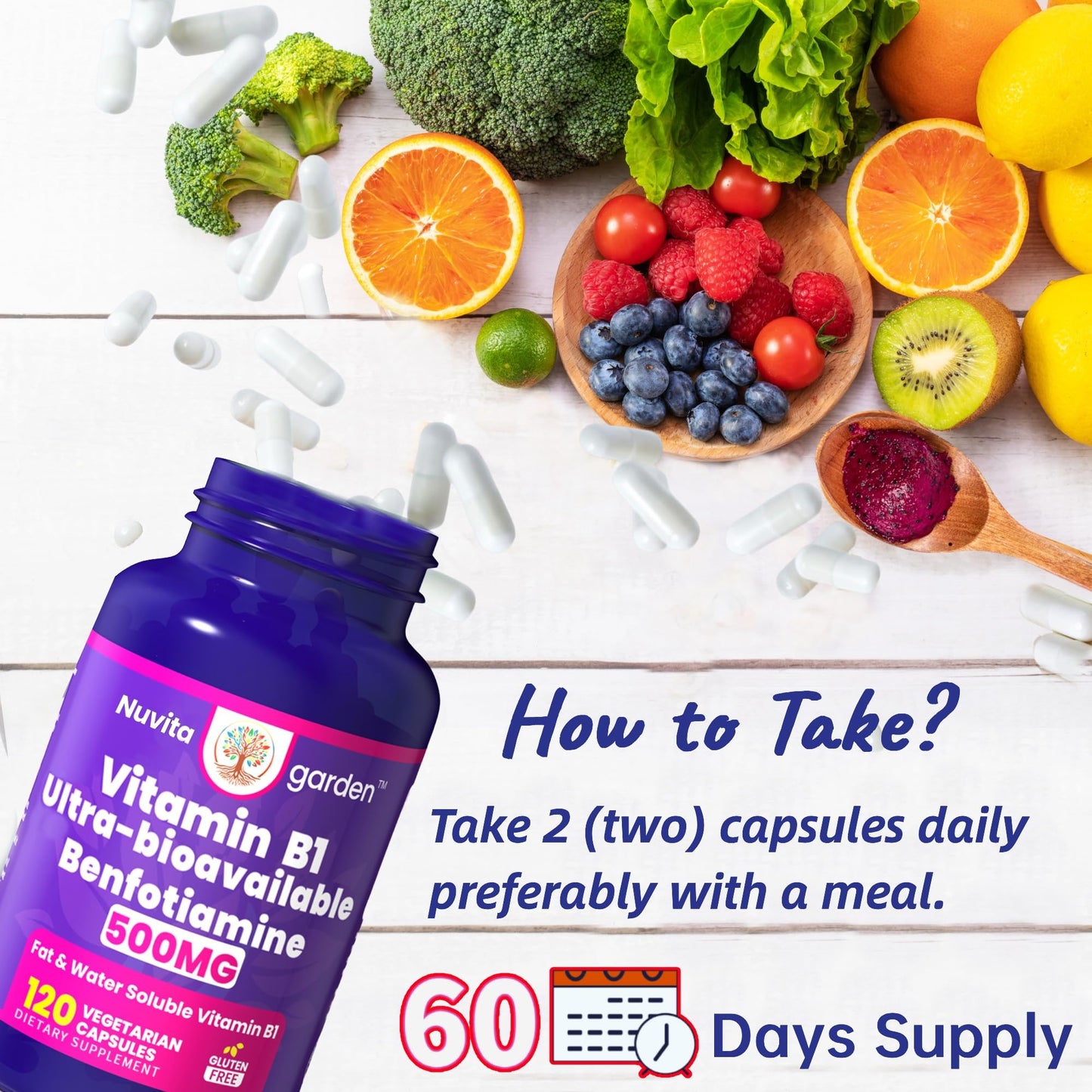 NuvitaGarden Benfotiamine 500mg + 20mg Vitamin B1 Veggie Capsules 120 Capsules