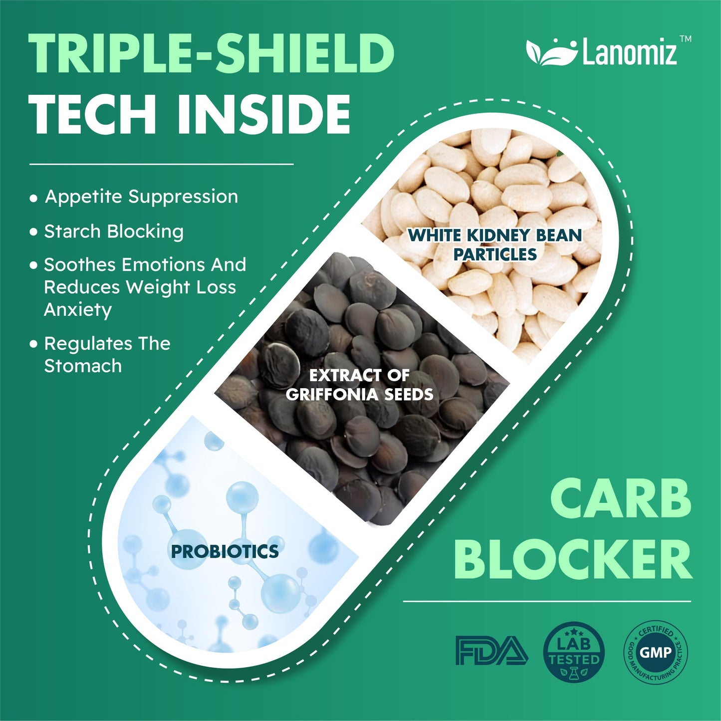 Lanomiz 14DAY Appetit & Craving Control Gut Health Complex Featuring Delayed-Release Probiotics & White Kidney Bean Extract 5-HTP 60 Capsules