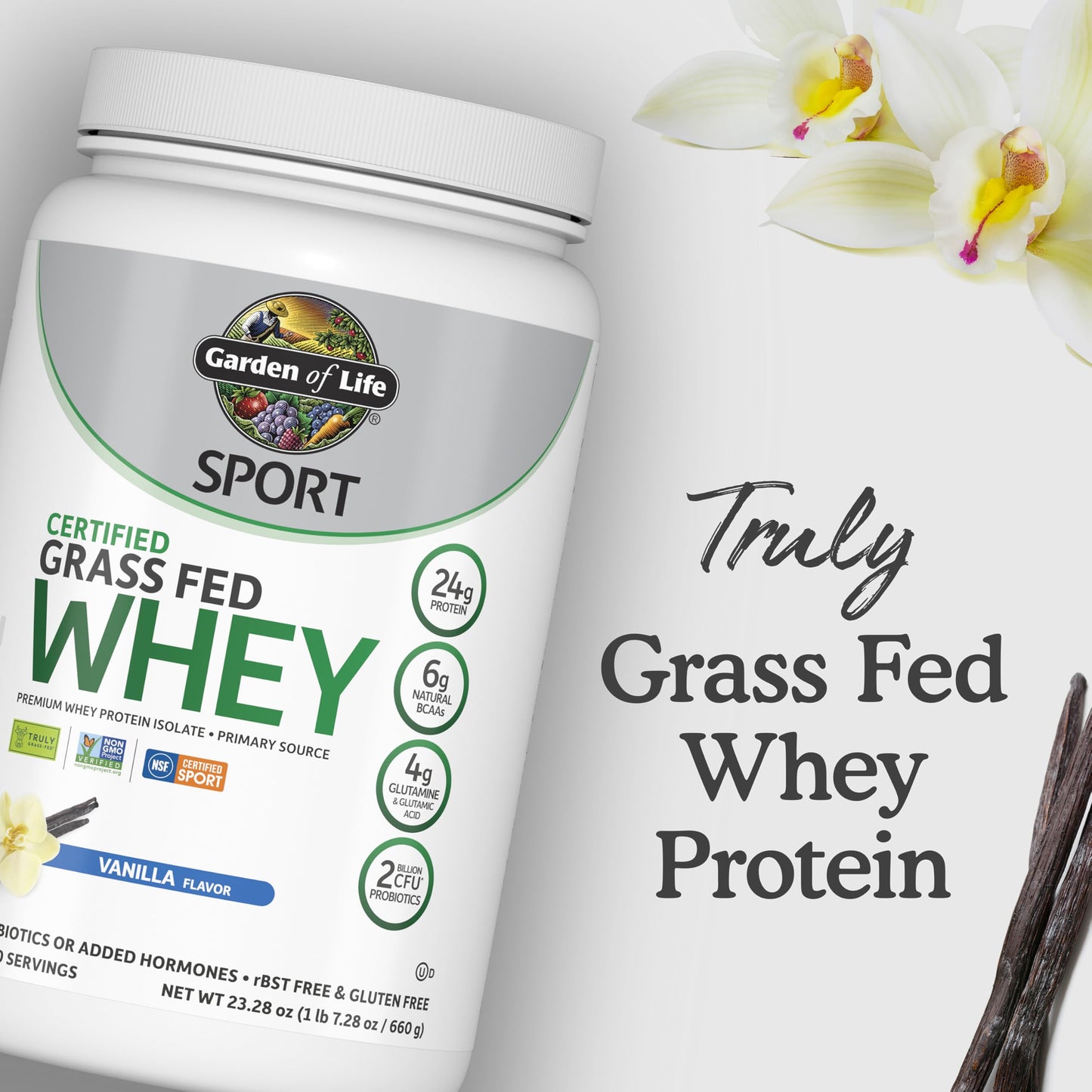 Garden of Life Sport Grass Fed Whey Protein Powder – 24g Whey Protein Isolate for Women & Men with Probiotics & Glutamine, Vanilla Flavor, Non-GMO, Gluten-Free, Cold-Processed, 20 Servings